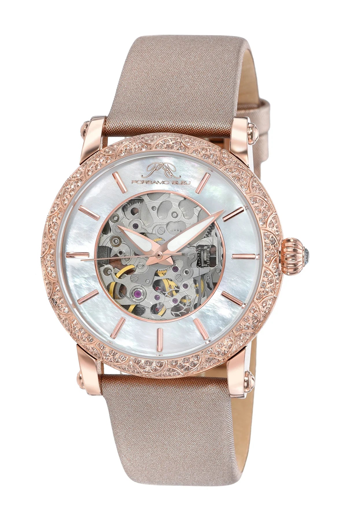 Liza Satin Covered Genuine Leather Rose Women's Automatic Topaz Watch 691DLIL