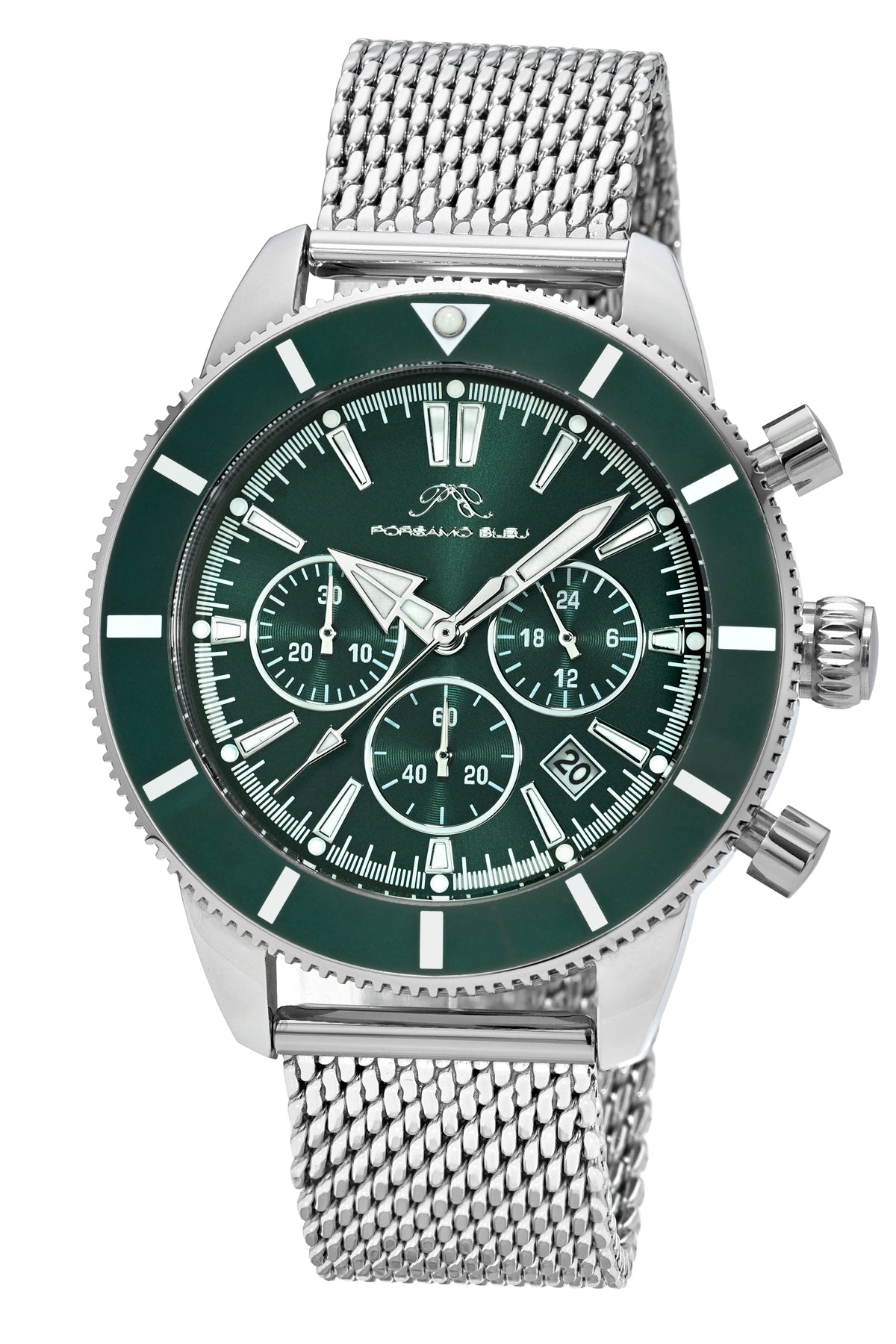 Porsamo Bleu Brandon luxury chronograph men's stainless steel watch, silver, green 1011EBRS