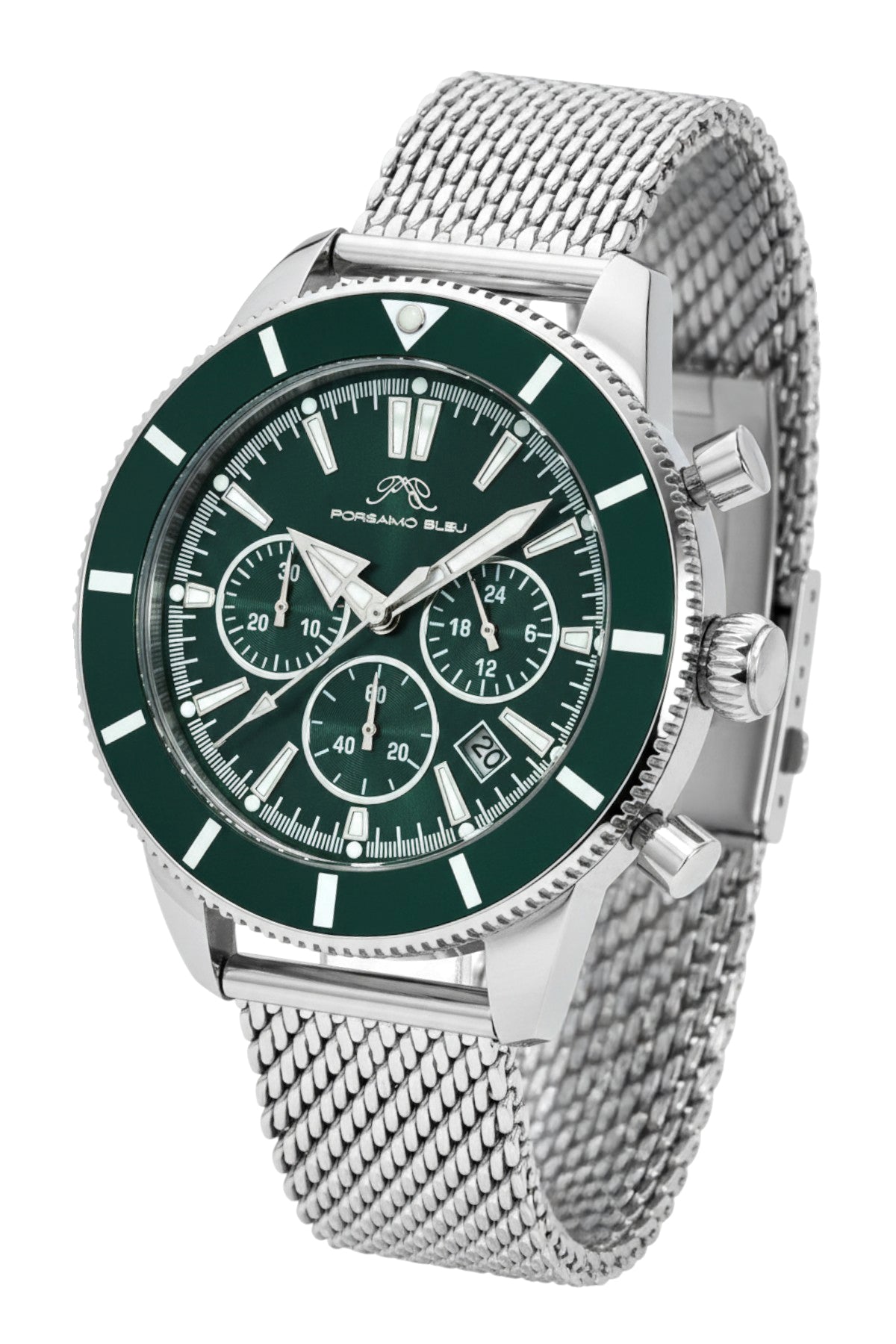 Porsamo Bleu Brandon luxury chronograph men's stainless steel watch, silver, green 1011EBRS