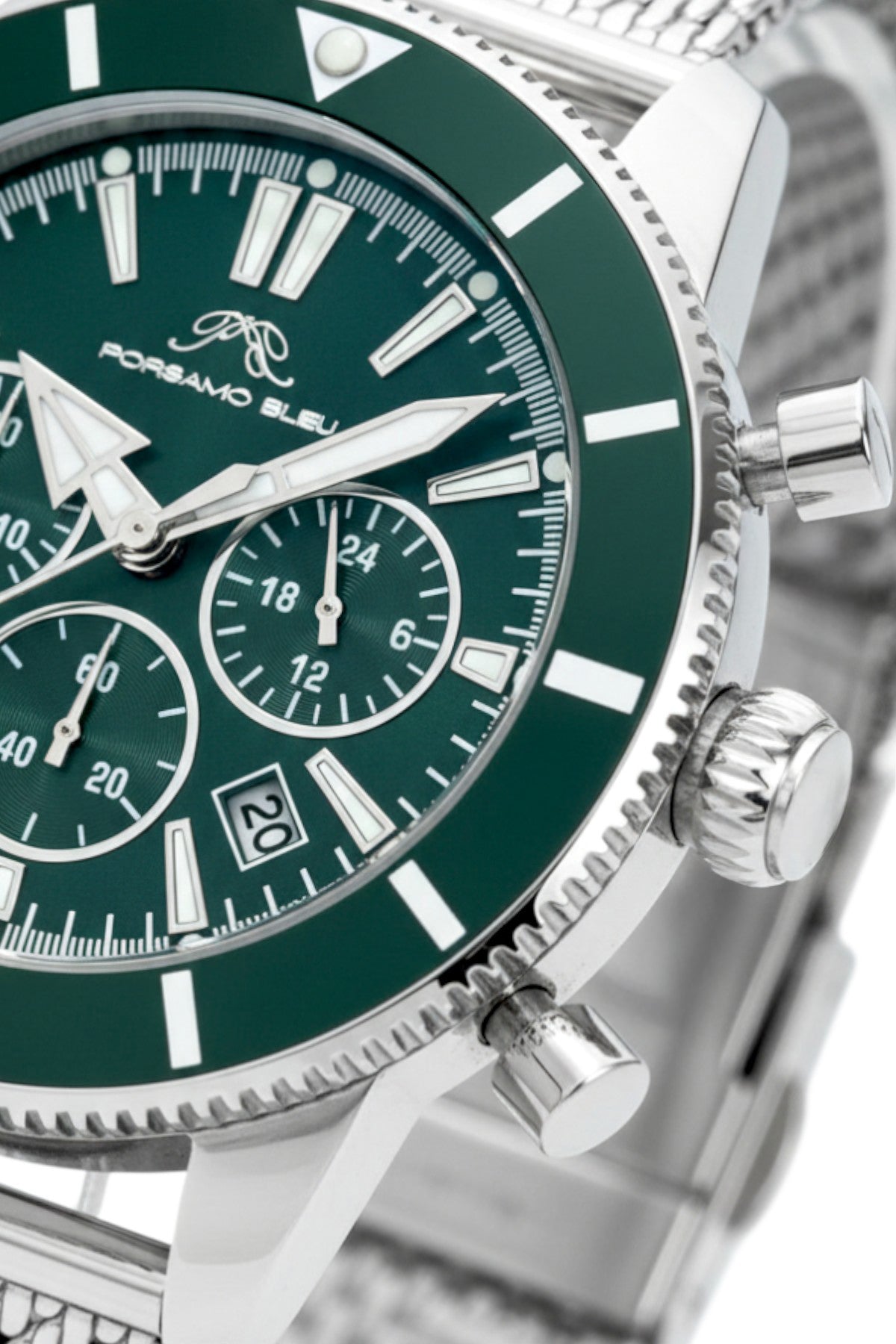 Porsamo Bleu Brandon luxury chronograph men's stainless steel watch, silver, green 1011EBRS