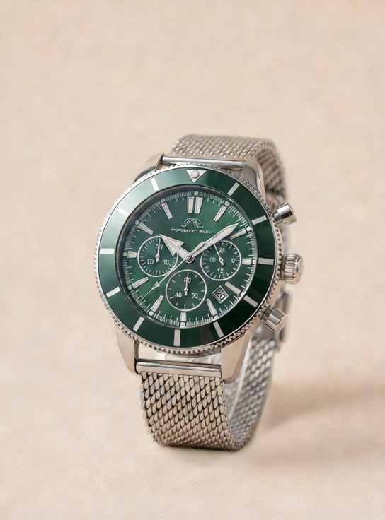 Porsamo Bleu Brandon luxury chronograph men's stainless steel watch, silver, green 1011EBRS