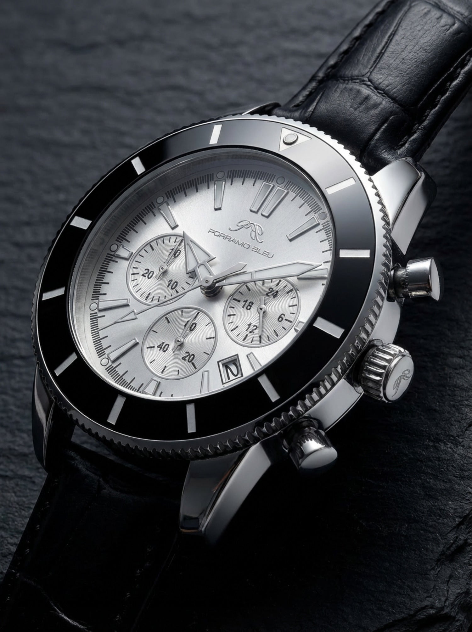 Porsamo Bleu Brandon Genuine Leather Silver & Black Men's Chronograph Watch 1012BBRL