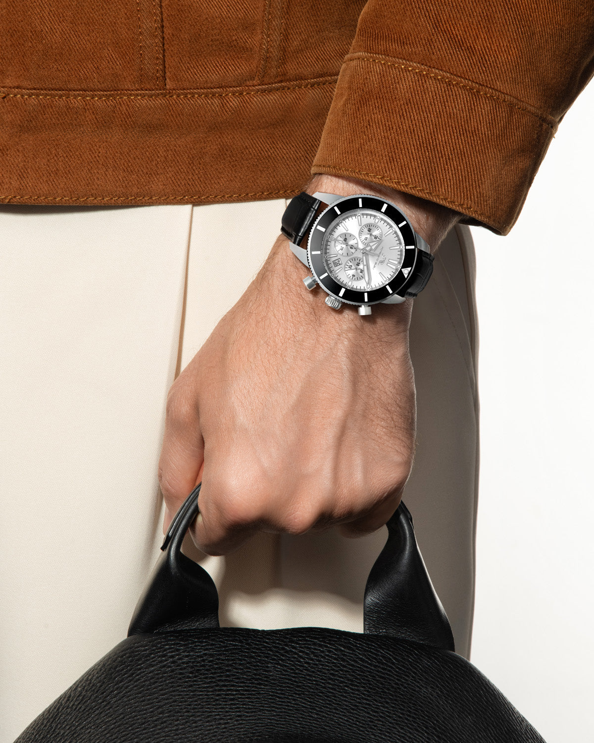 Brandon Genuine Leather Silver & Black Men's Chronograph Watch 1012BBRL