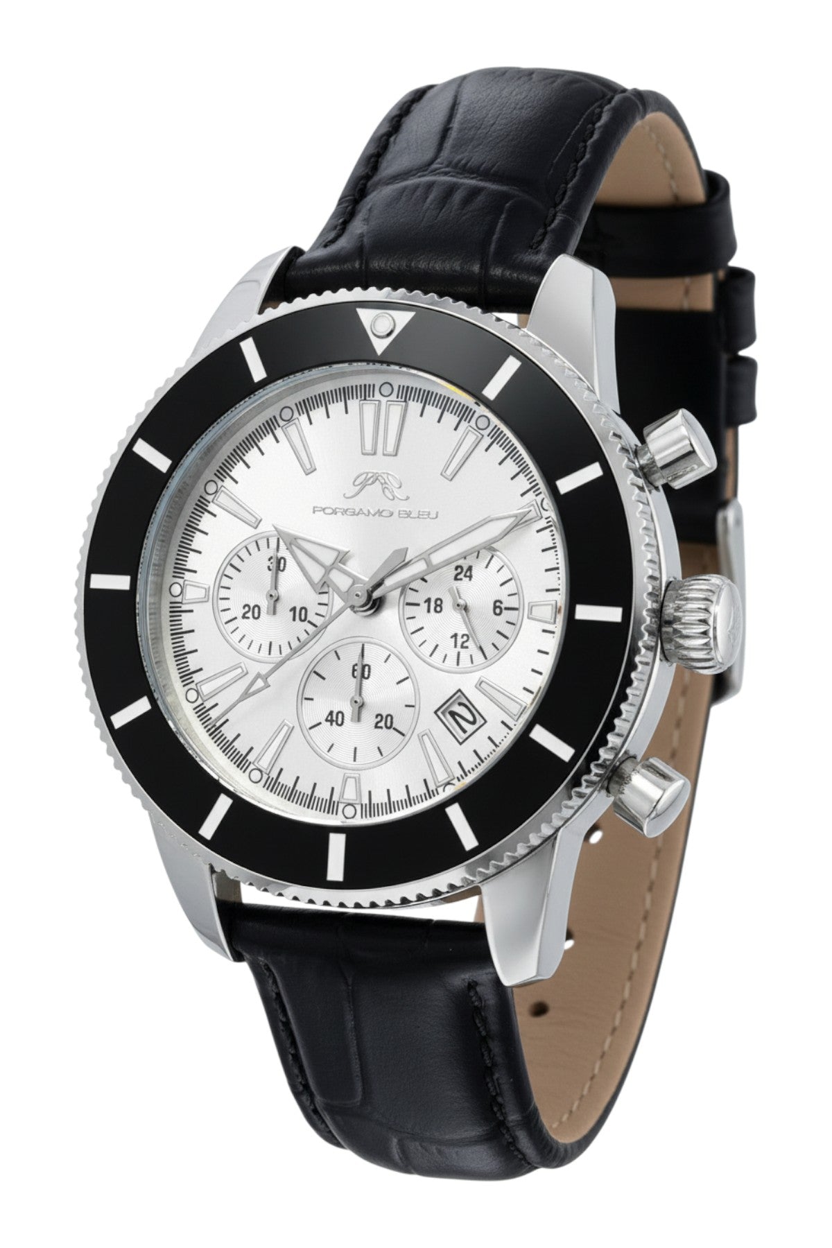 Porsamo Bleu Brandon Genuine Leather Silver & Black Men's Chronograph Watch 1012BBRL