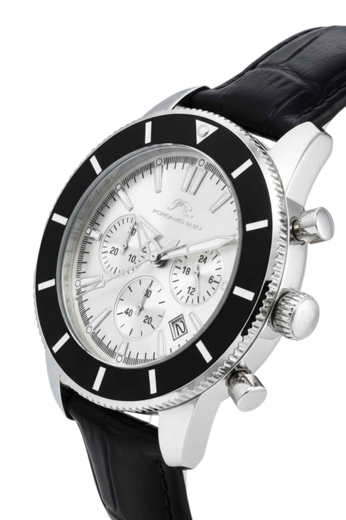 Porsamo Bleu Brandon Genuine Leather Silver & Black Men's Chronograph Watch 1012BBRL