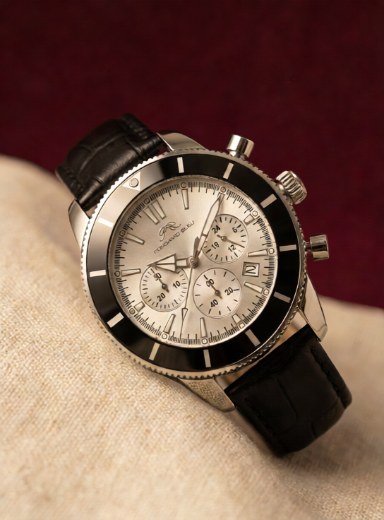 Porsamo Bleu Brandon Genuine Leather Silver & Black Men's Chronograph Watch 1012BBRL