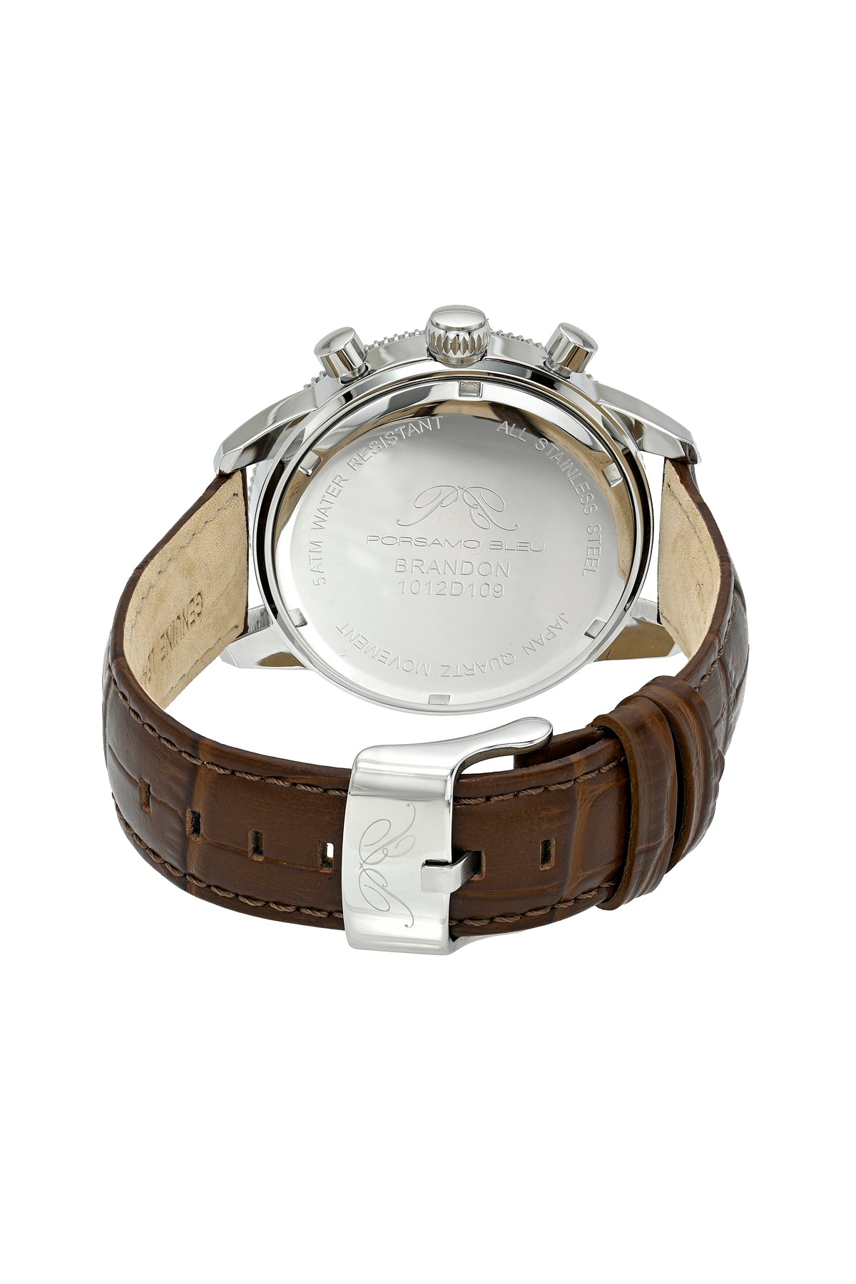 Porsamo Bleu Brandon luxury chronograph men's genuine leather band watch, silver, cognac 1012DBRL