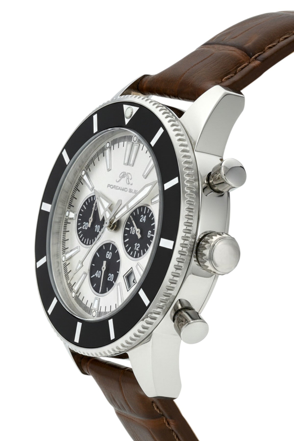 Porsamo Bleu Brandon luxury chronograph men's genuine leather band watch, silver, cognac 1012DBRL