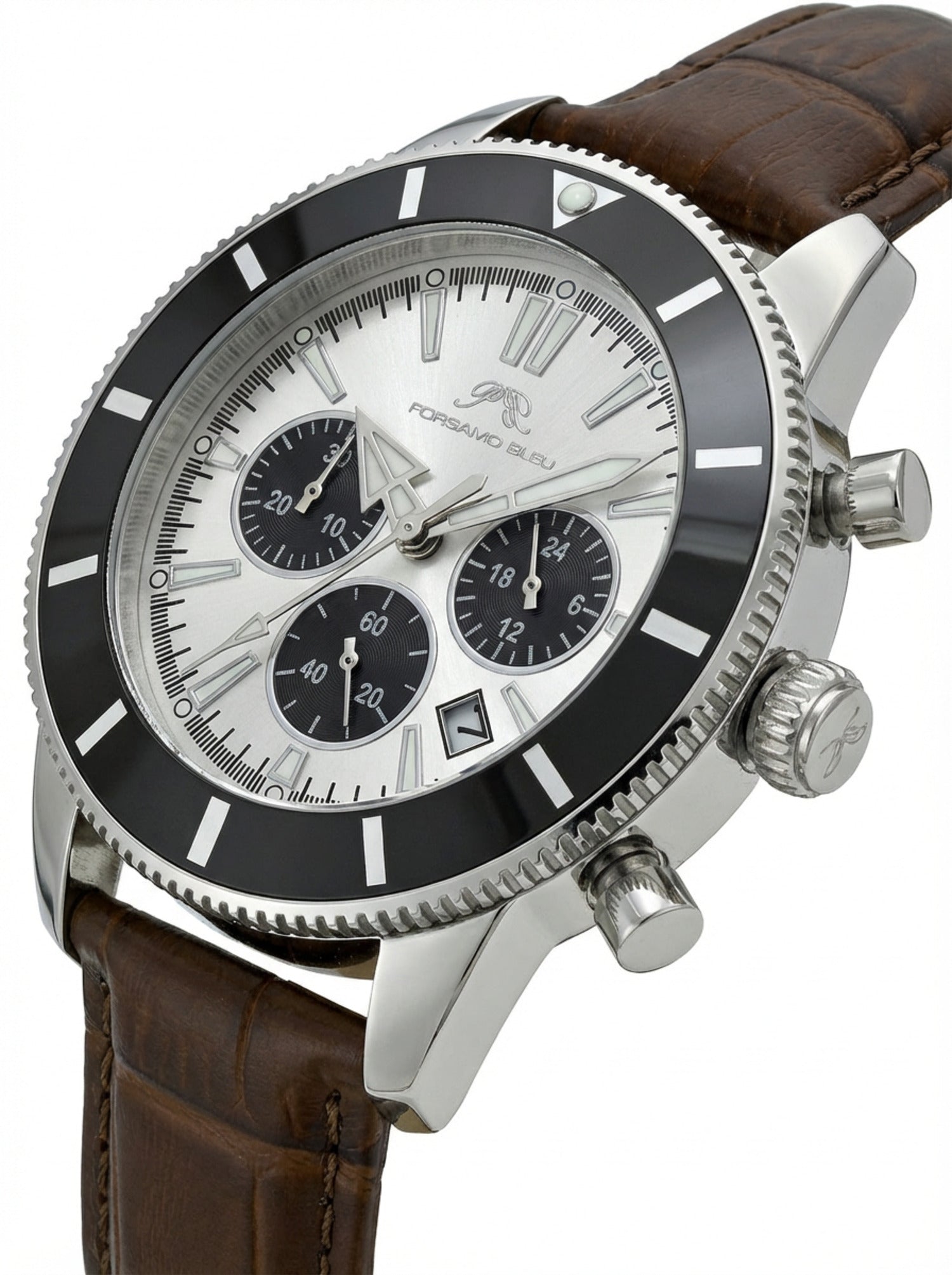 Porsamo Bleu Brandon luxury chronograph men's genuine leather band watch, silver, cognac 1012DBRL