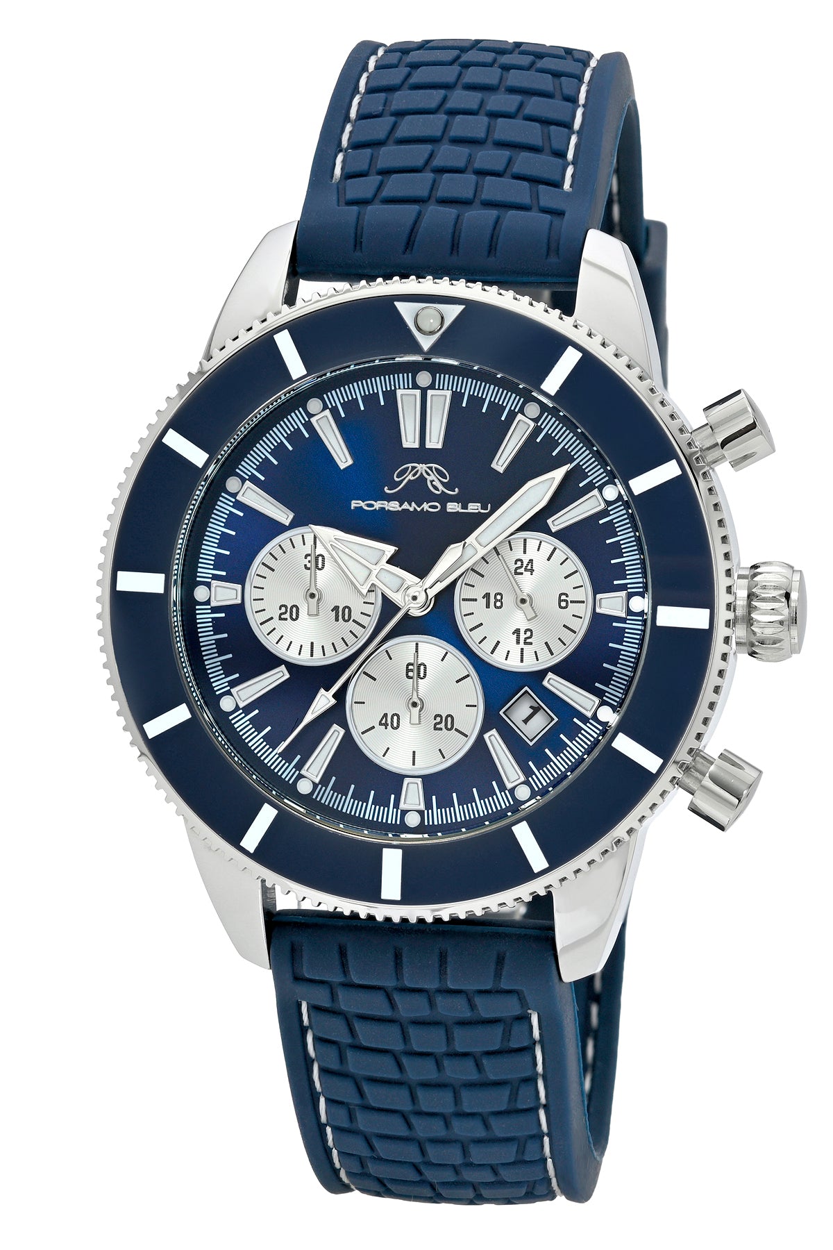 Porsamo Bleu Brandon luxury chronograph men's silicone strap watch, silver, blue 1013DBRR