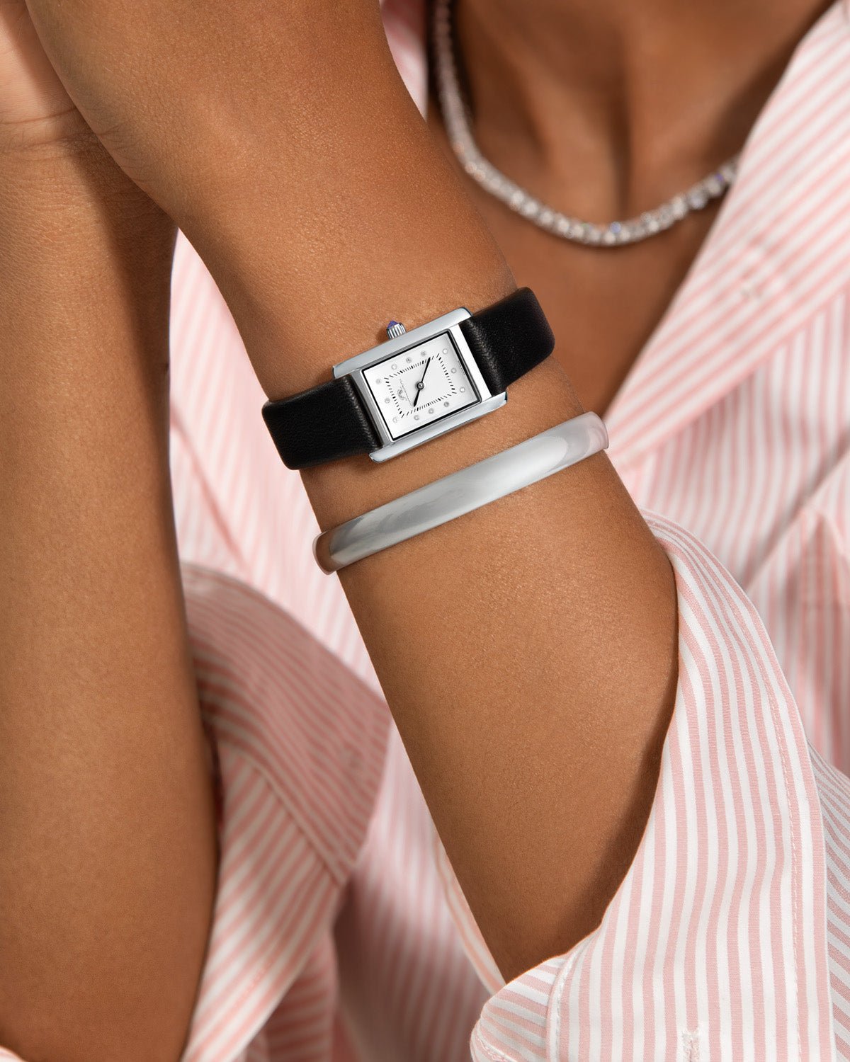 Karolina Genuine Leather Silver & Black Women's Diamond Watch 1081AKAL