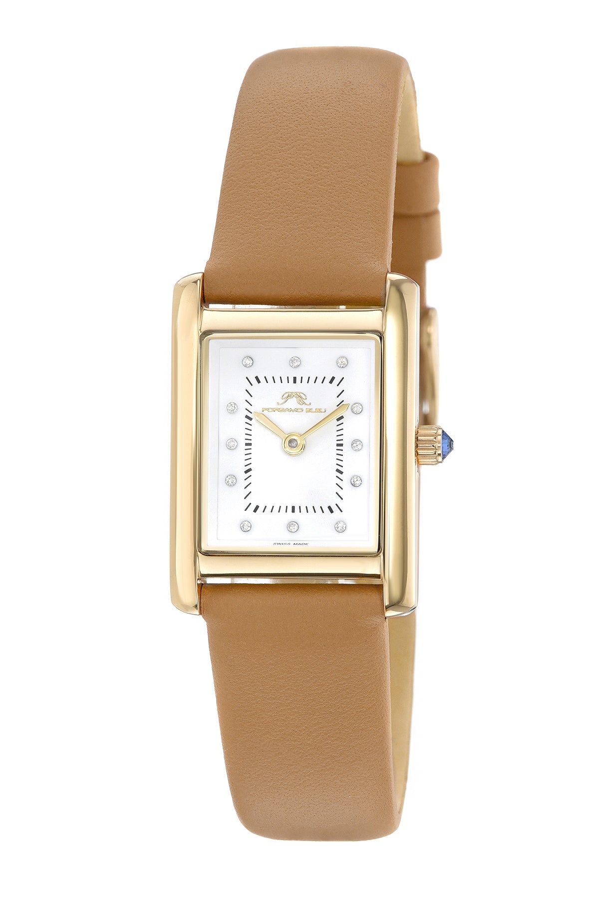 Porsamo Bleu Karolina luxury diamond rectangular women's genuine leather band watch, gold, black 1082AKAL