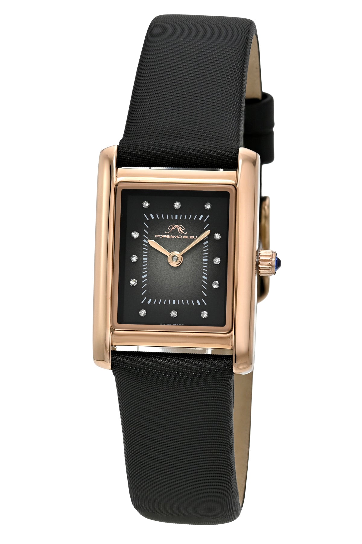 Porsamo Bleu Karolina luxury diamond rectangular women's genuine leather band watch, rose, black 1085AKAL