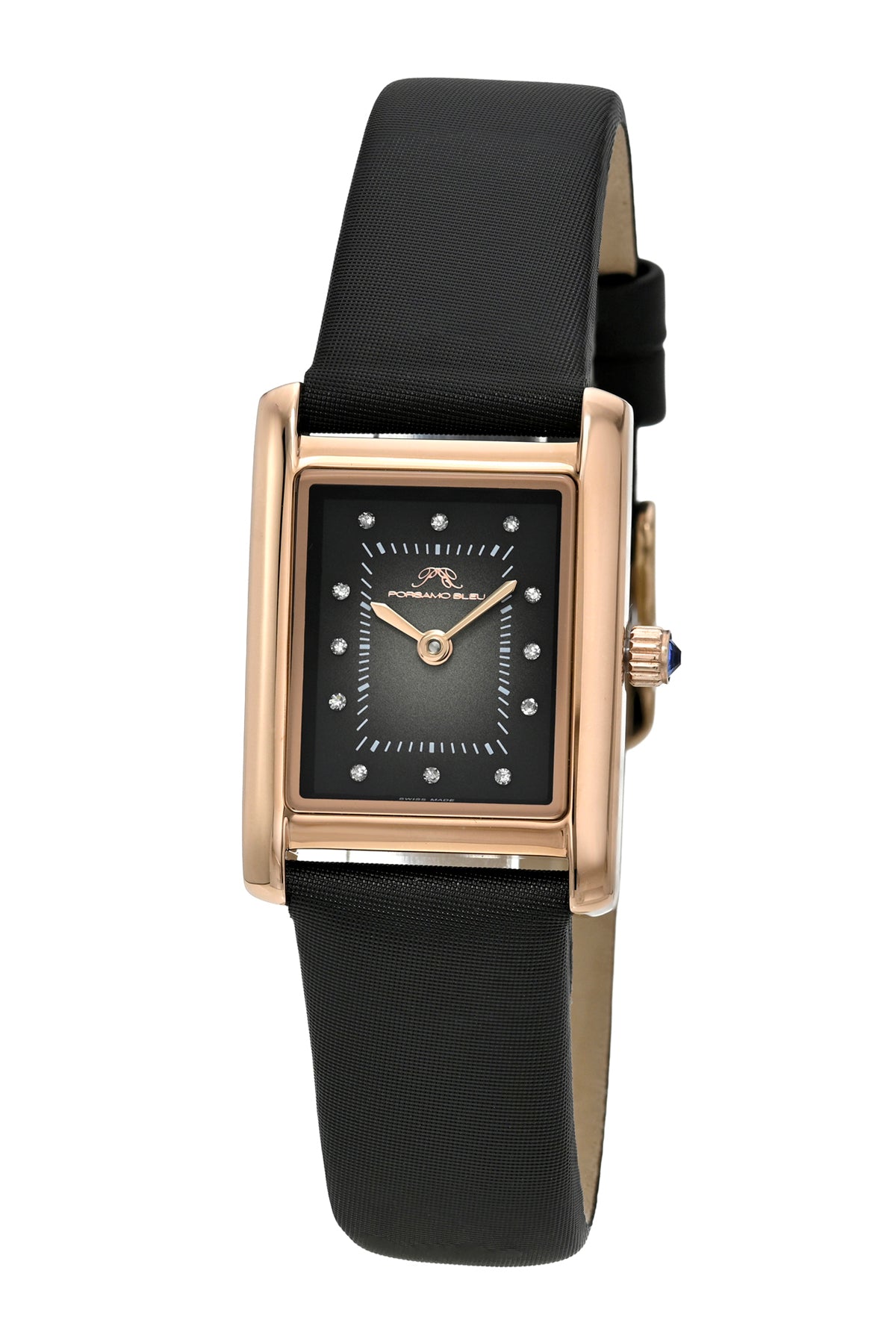 Porsamo Bleu Karolina luxury diamond rectangular women's satin covered genuine leather band watch, rose, black 1085AKAL