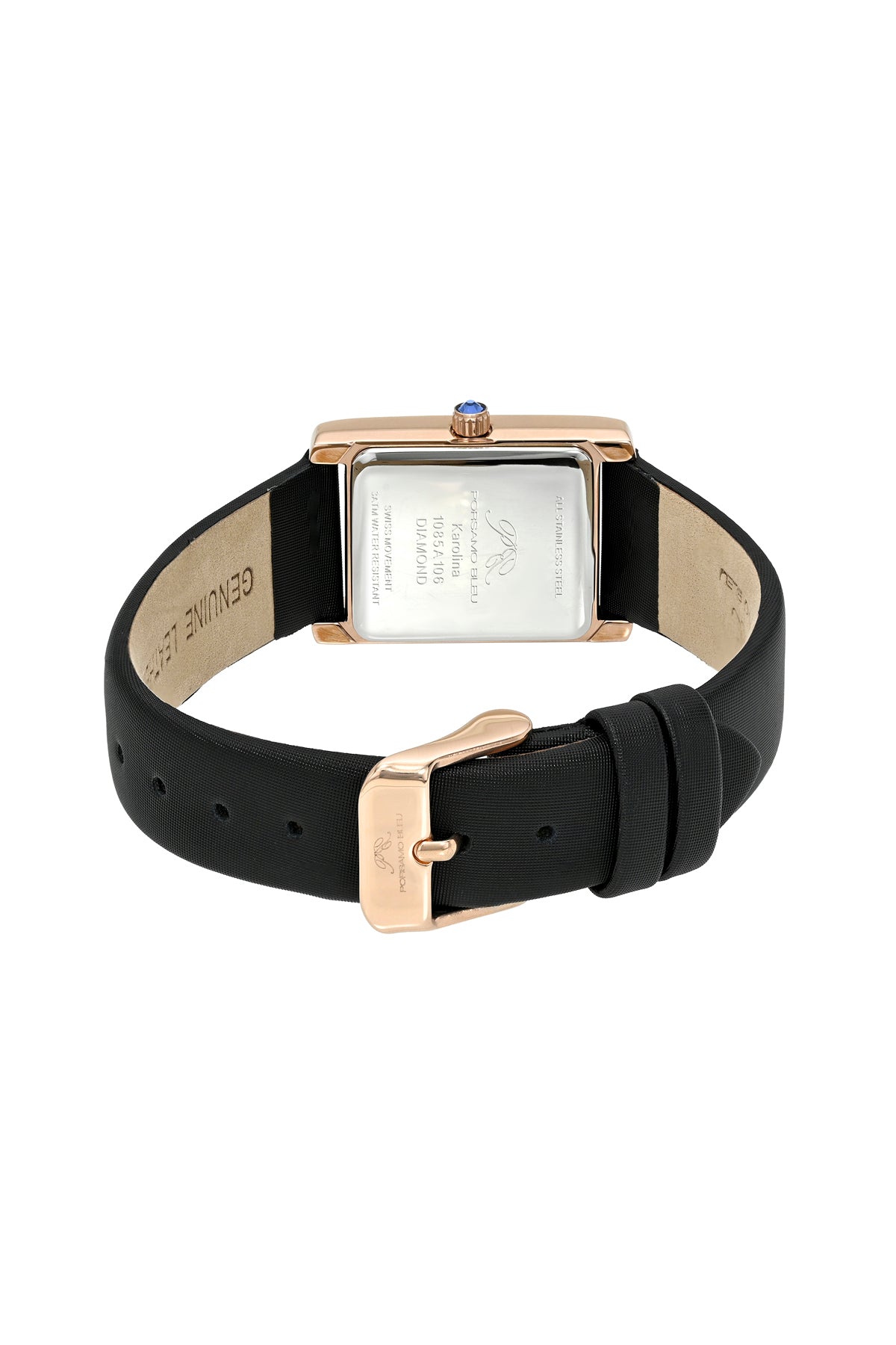 Porsamo Bleu Karolina luxury diamond rectangular women's genuine leather band watch, rose, black 1085AKAL
