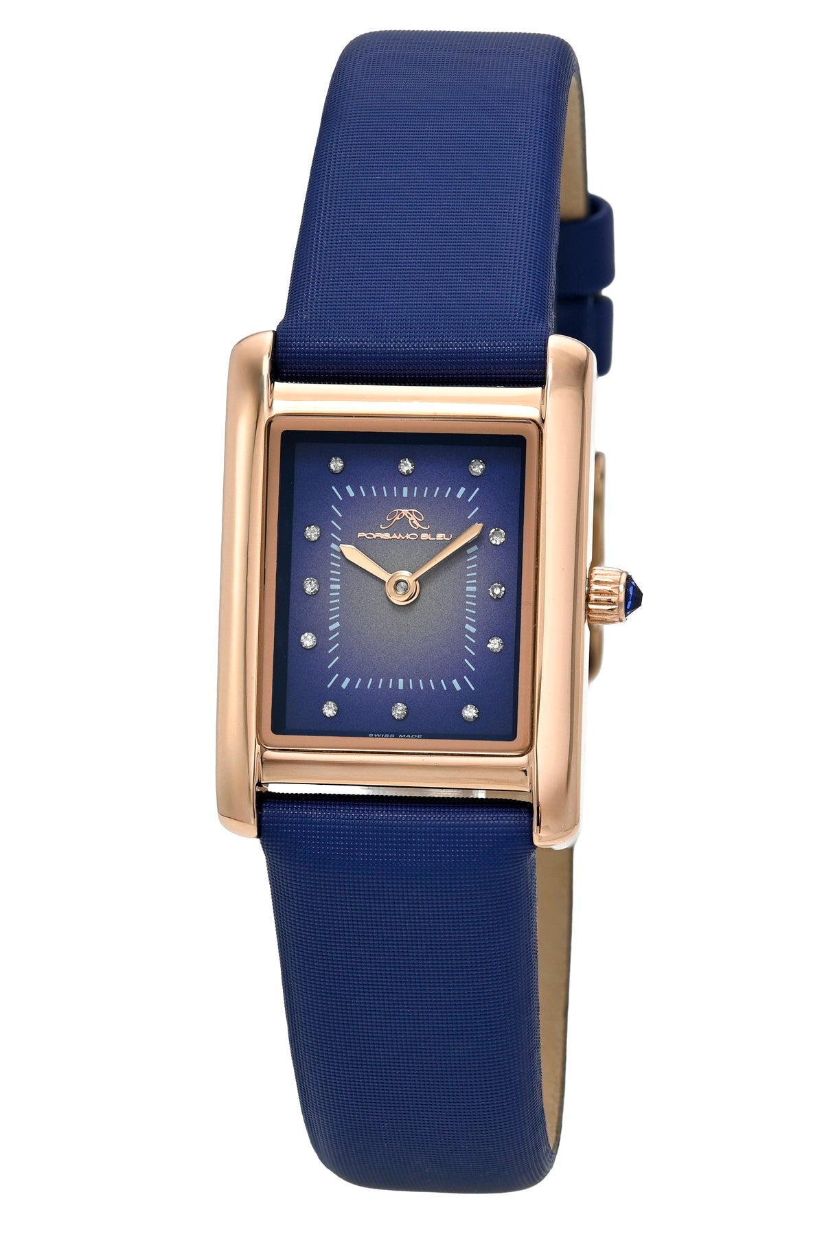 Porsamo Bleu Karolina luxury diamond rectangular women's genuine leather band watch, rose, blue 1085BKAL