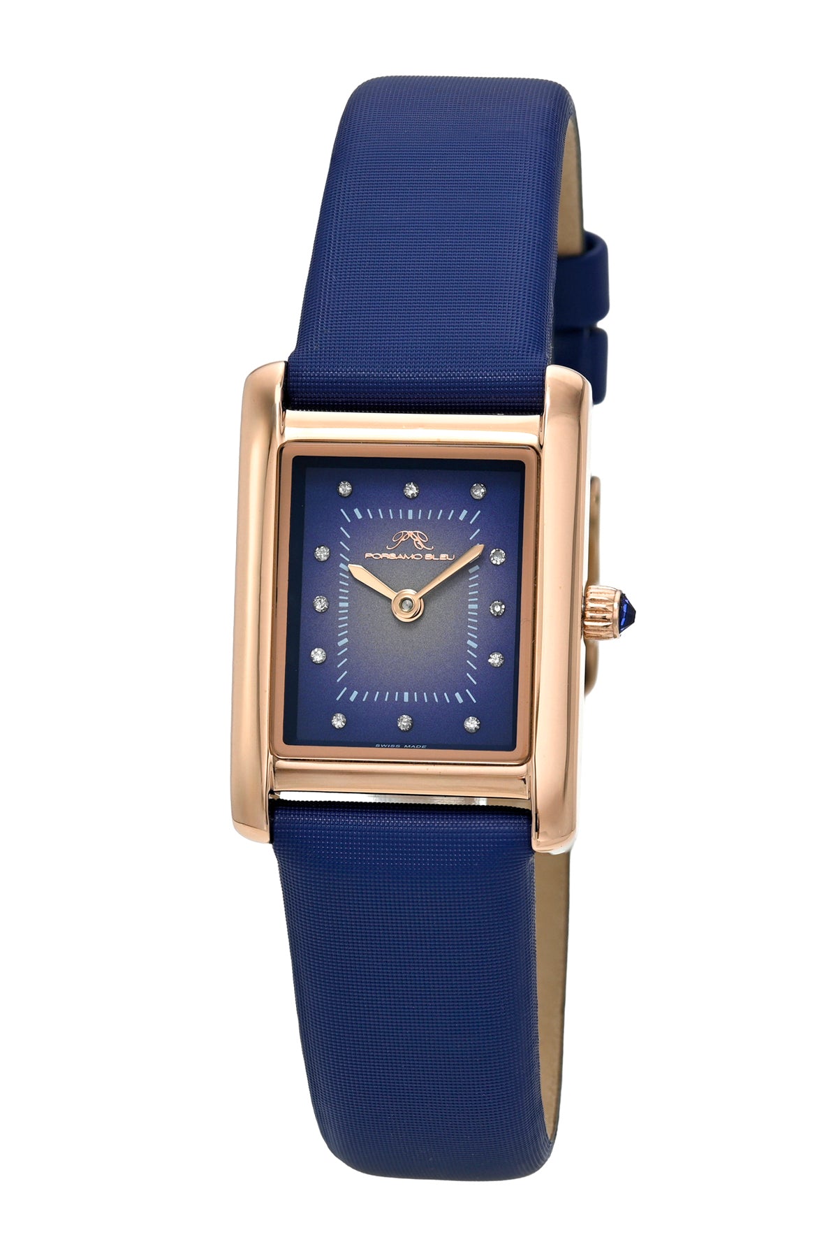 Porsamo Bleu Karolina luxury diamond rectangular women's satin covered genuine leather band watch, rose, blue 1085BKAL