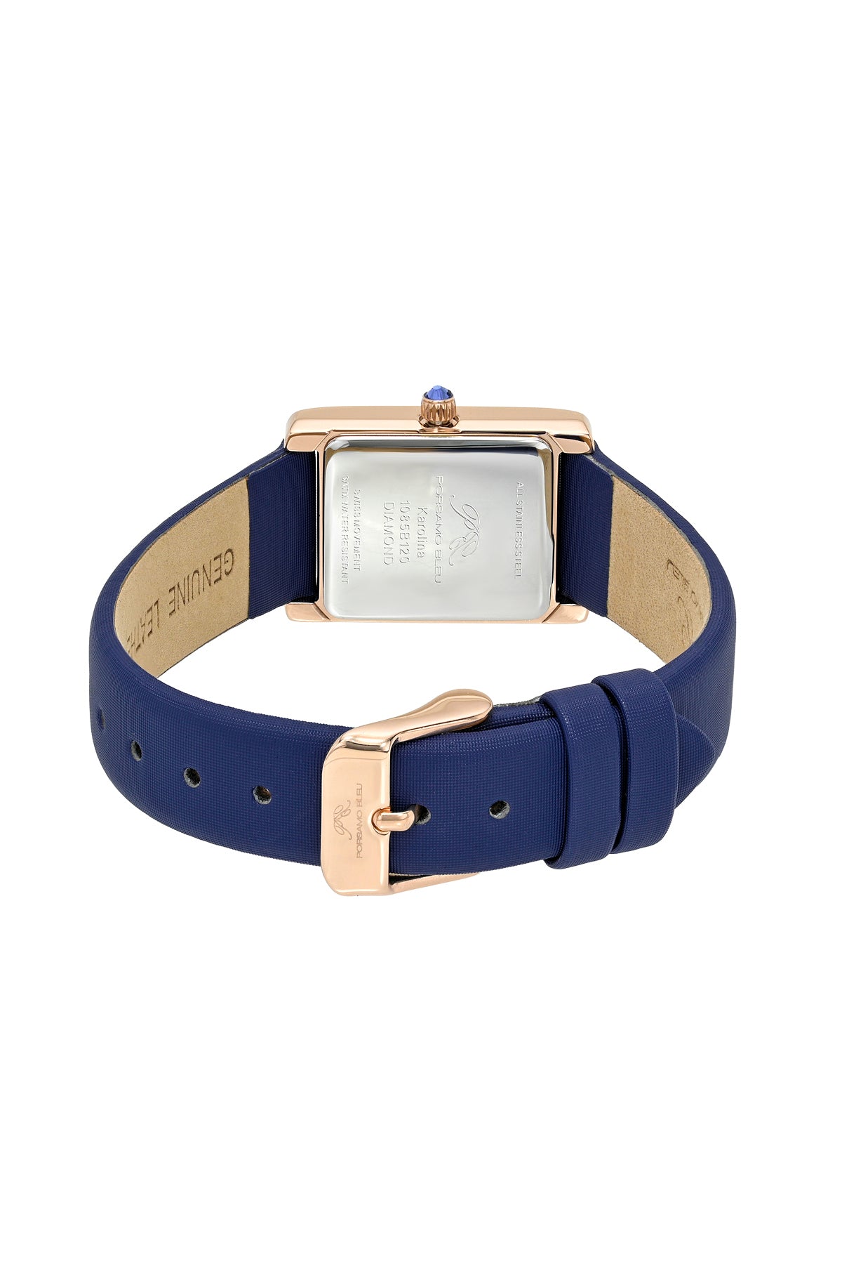 Porsamo Bleu Karolina luxury diamond rectangular women's genuine leather band watch, rose, blue 1085BKAL