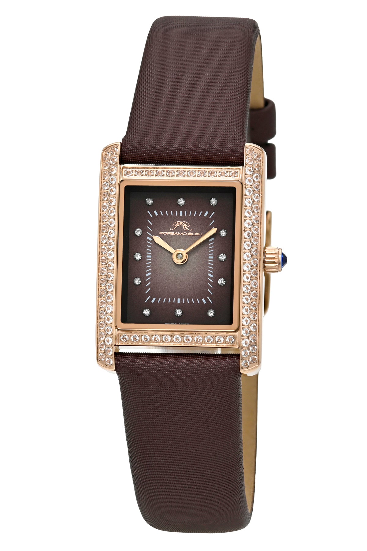 Porsamo Bleu Karolina luxury diamond topaz rectangular women's satin covered genuine leather band watch, rose, brown 1085CKAL