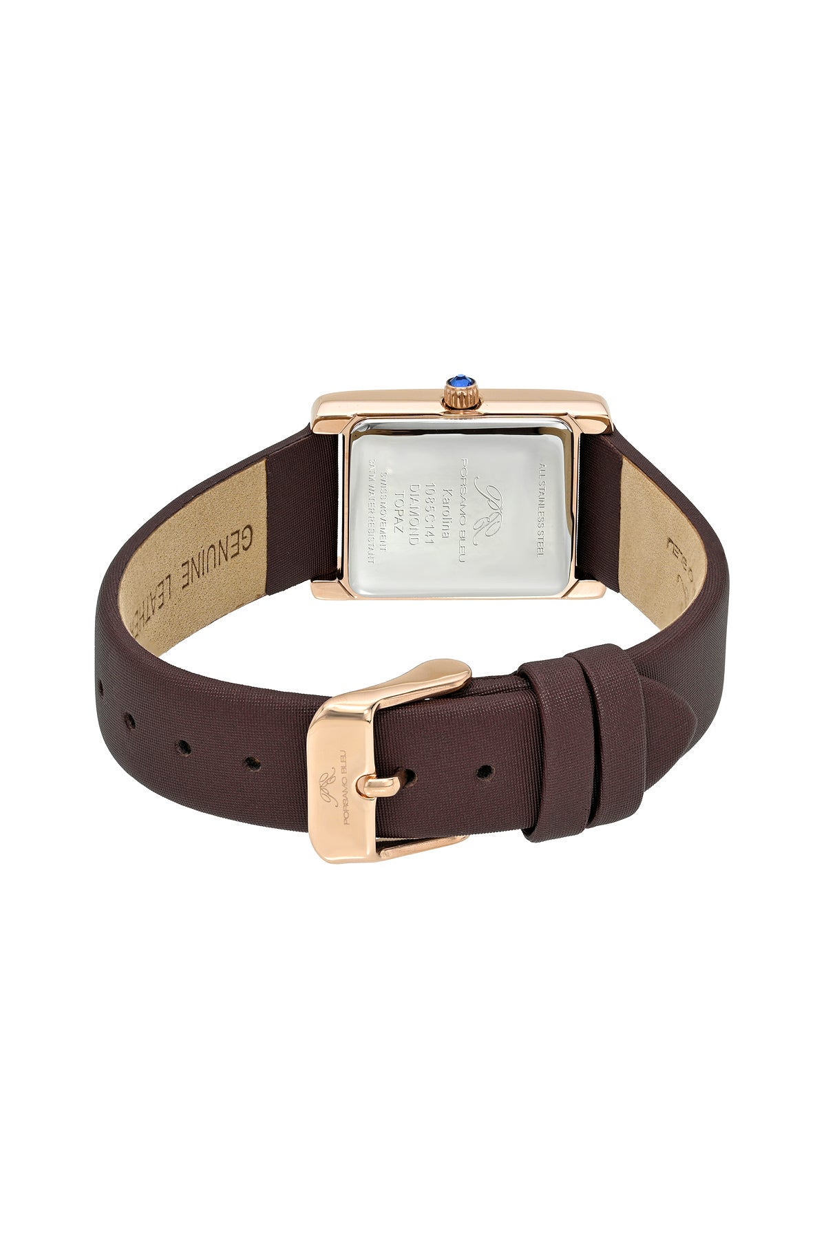 Porsamo Bleu Karolina luxury diamond topaz rectangular women's genuine leather band watch, rose, brown 1085CKAL