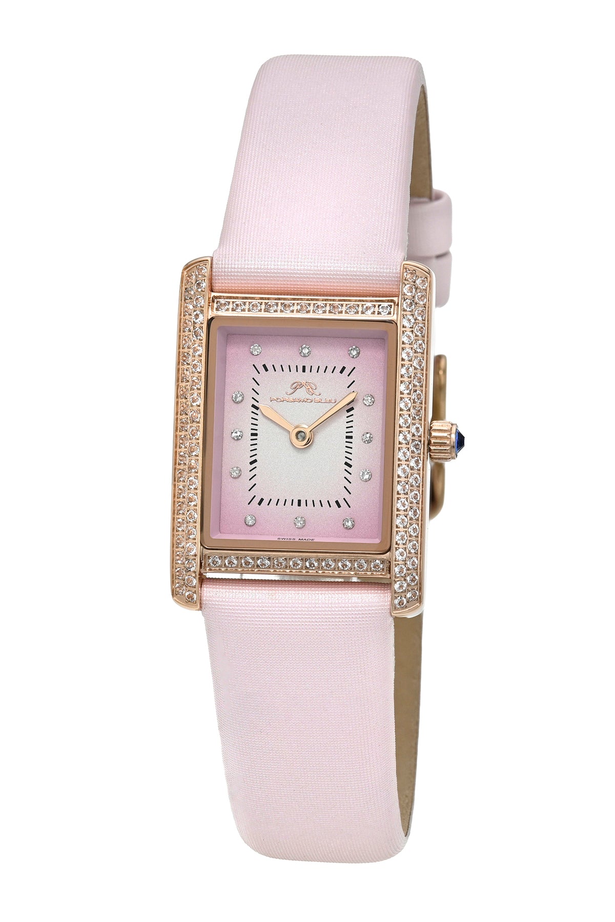 Porsamo Bleu Karolina luxury diamond topaz rectangular women's satin covered genuine leather band watch, rose, pink 1085DKAL