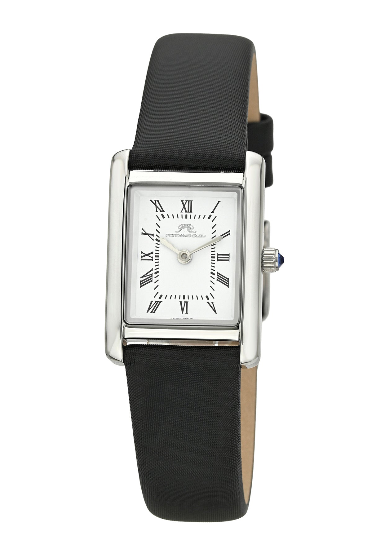 Porsamo Bleu Karolina luxury rectangular women's satin covered genuine leather band watch, silver, black 1086AKAL