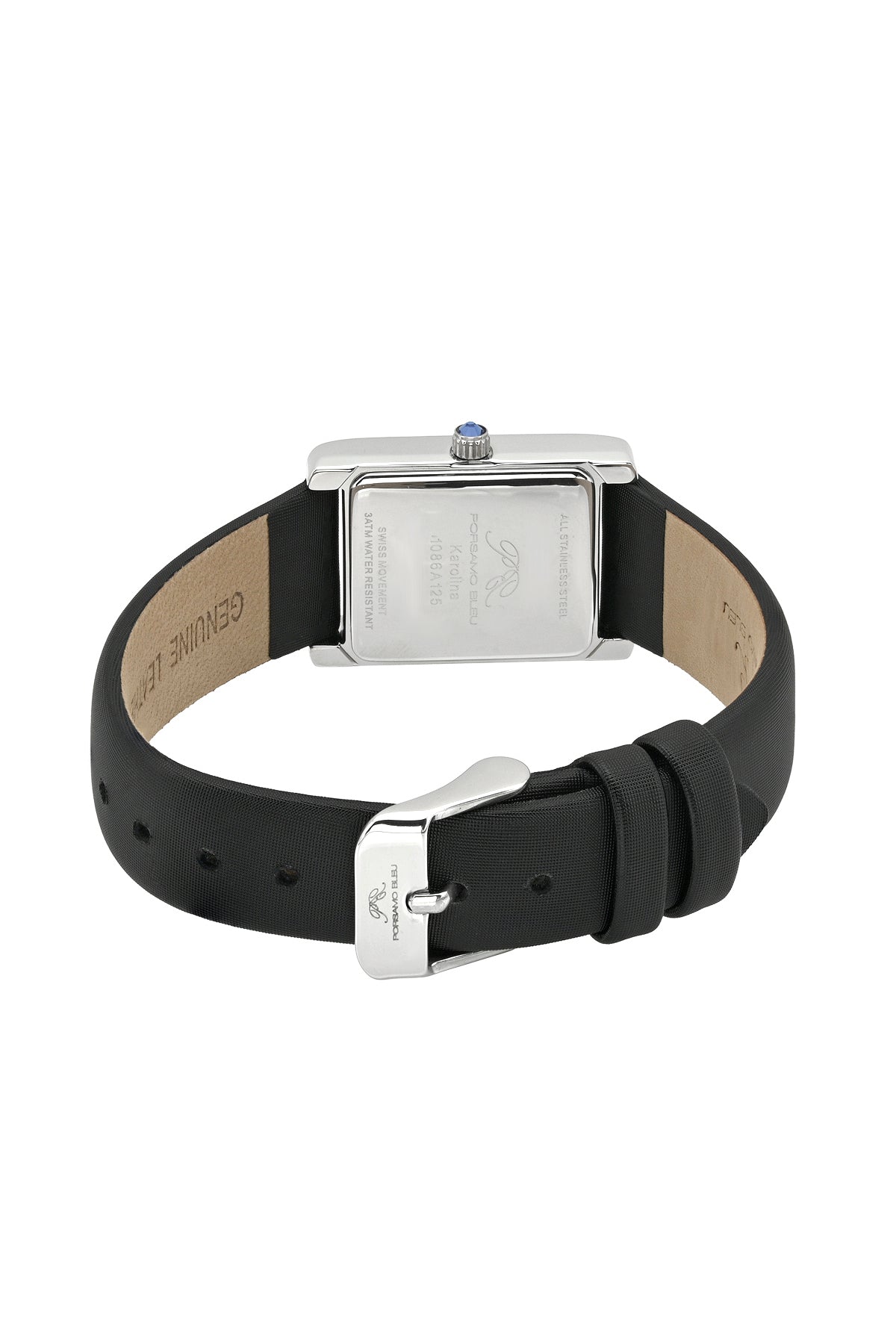 Porsamo Bleu Karolina luxury rectangular women's satin covered genuine leather band watch, silver, black 1086AKAL