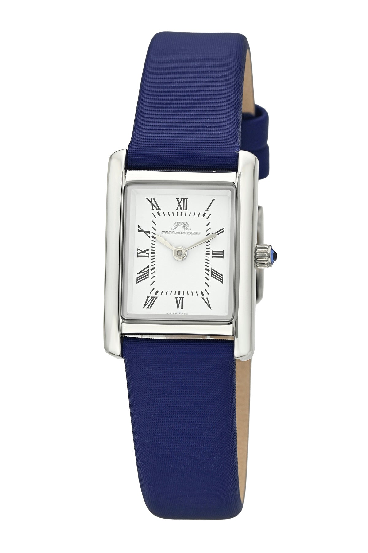 Porsamo Bleu Karolina luxury rectangular women's satin covered genuine leather band watch, silver, blue 1086BKAL