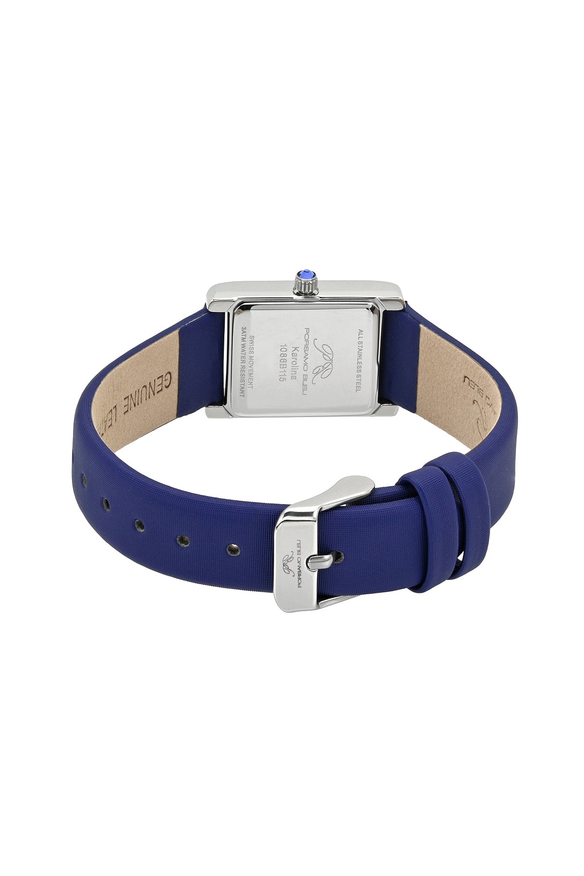 Porsamo Bleu Karolina luxury rectangular women's satin covered genuine leather band watch, silver, blue 1086BKAL