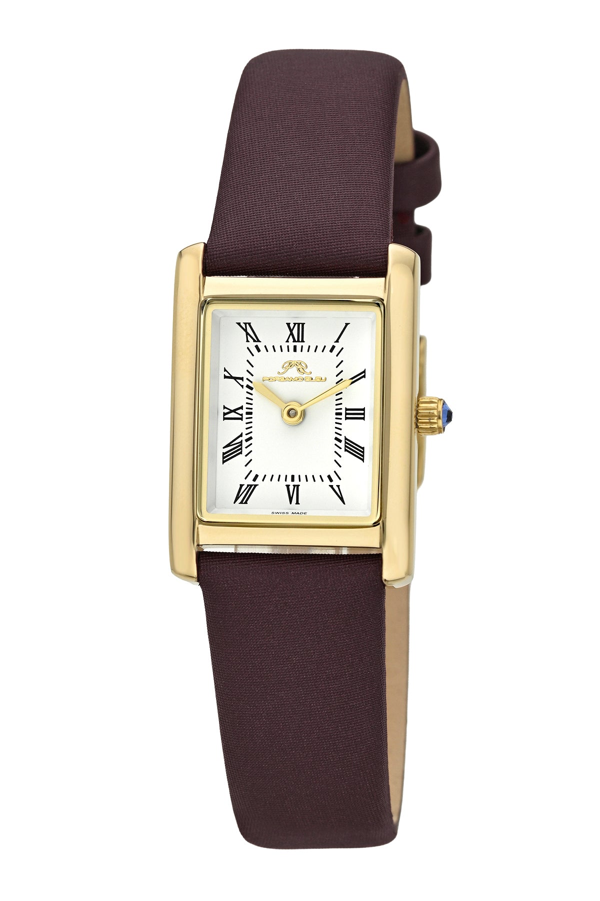 Porsamo Bleu Karolina luxury rectangular women's satin covered genuine leather band watch, gold, brown 1086DKAL