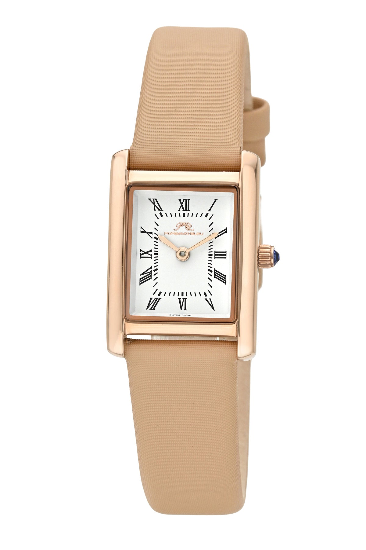 Porsamo Bleu Karolina luxury rectangular women's satin covered genuine leather band watch, rose, beige 1086EKAL