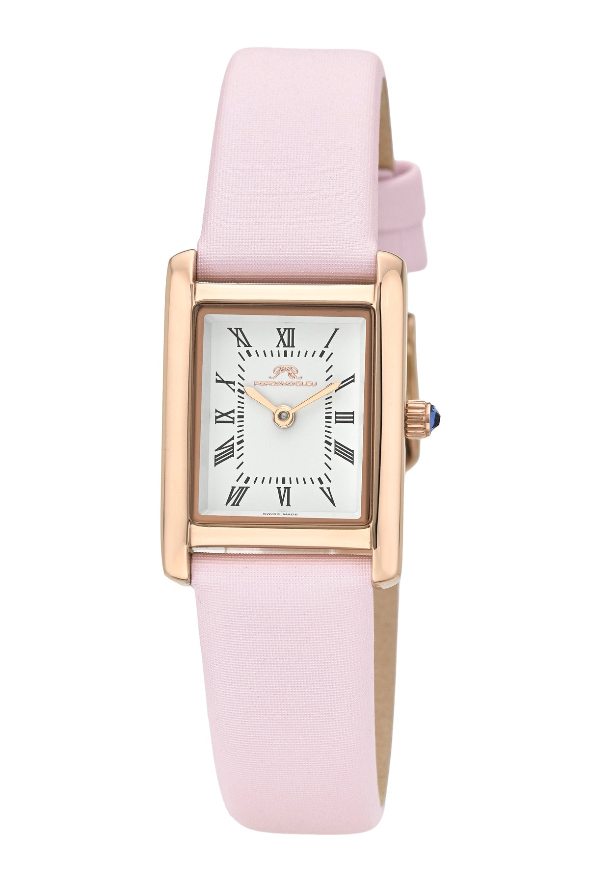 Porsamo Bleu Karolina luxury rectangular women's satin covered genuine leather band watch, rose, pink 1086FKAL