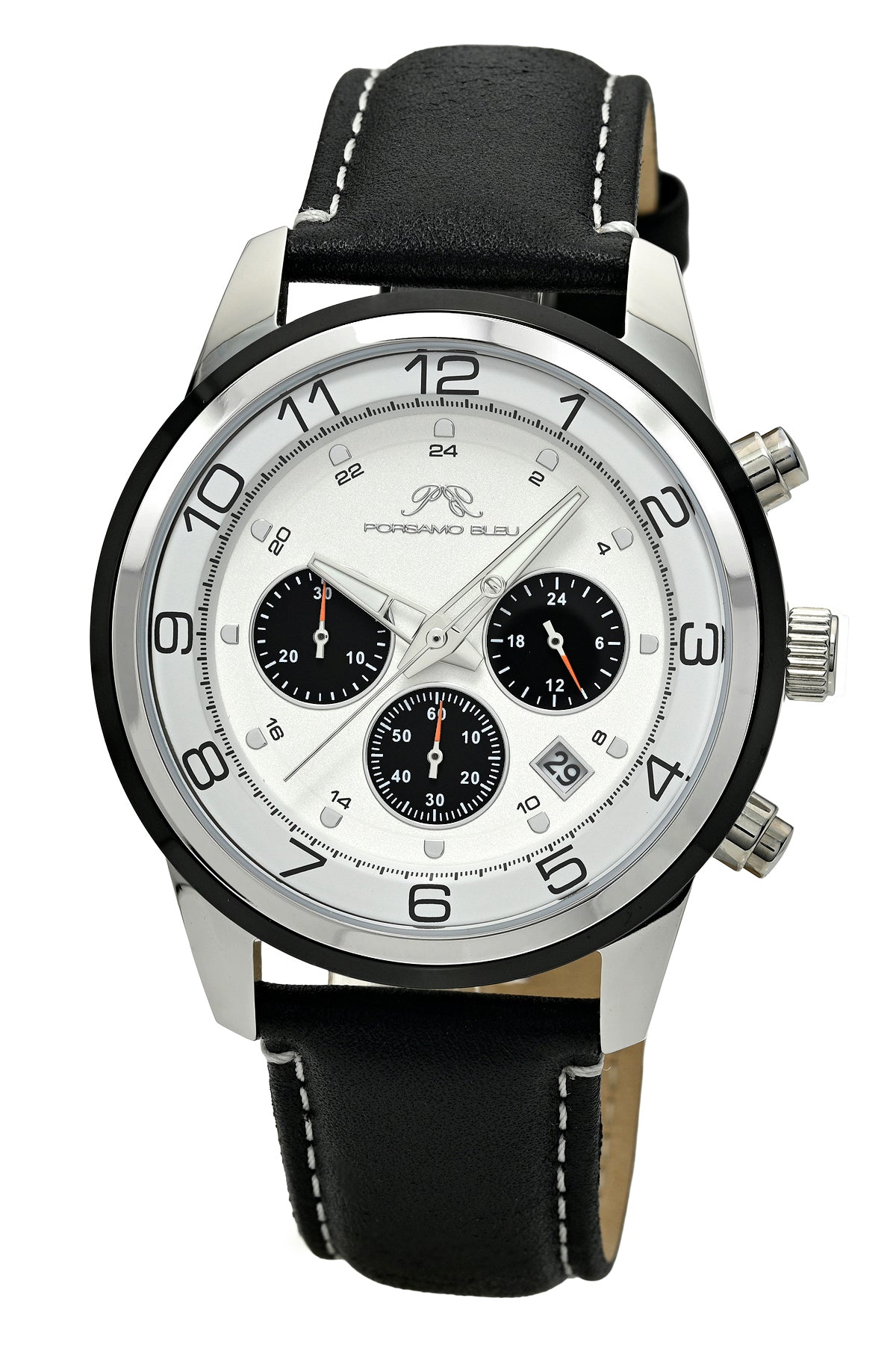 Porsamo Bleu Arthur Luxury Chronograph Men's Genuine Leather Band Watch, Silver, Black 1093AARL