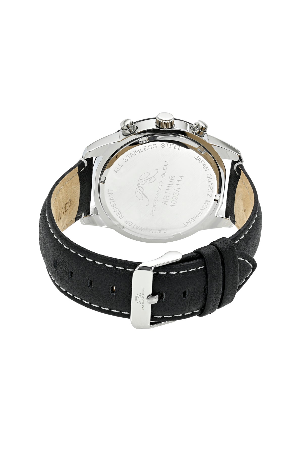 Porsamo Bleu Arthur Luxury Chronograph Men's Genuine Leather Band Watch, Silver, Black 1093AARL