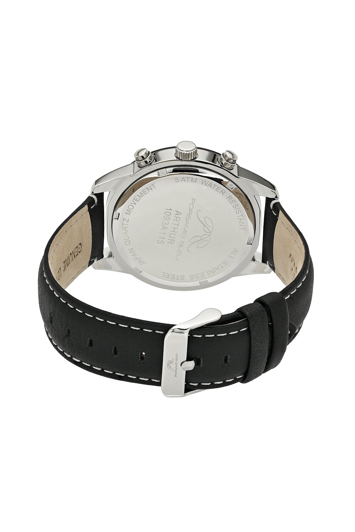 Porsamo Bleu Arthur Luxury Chronograph Men's Genuine Leather Band Watch, Silver, Black 1093AARL