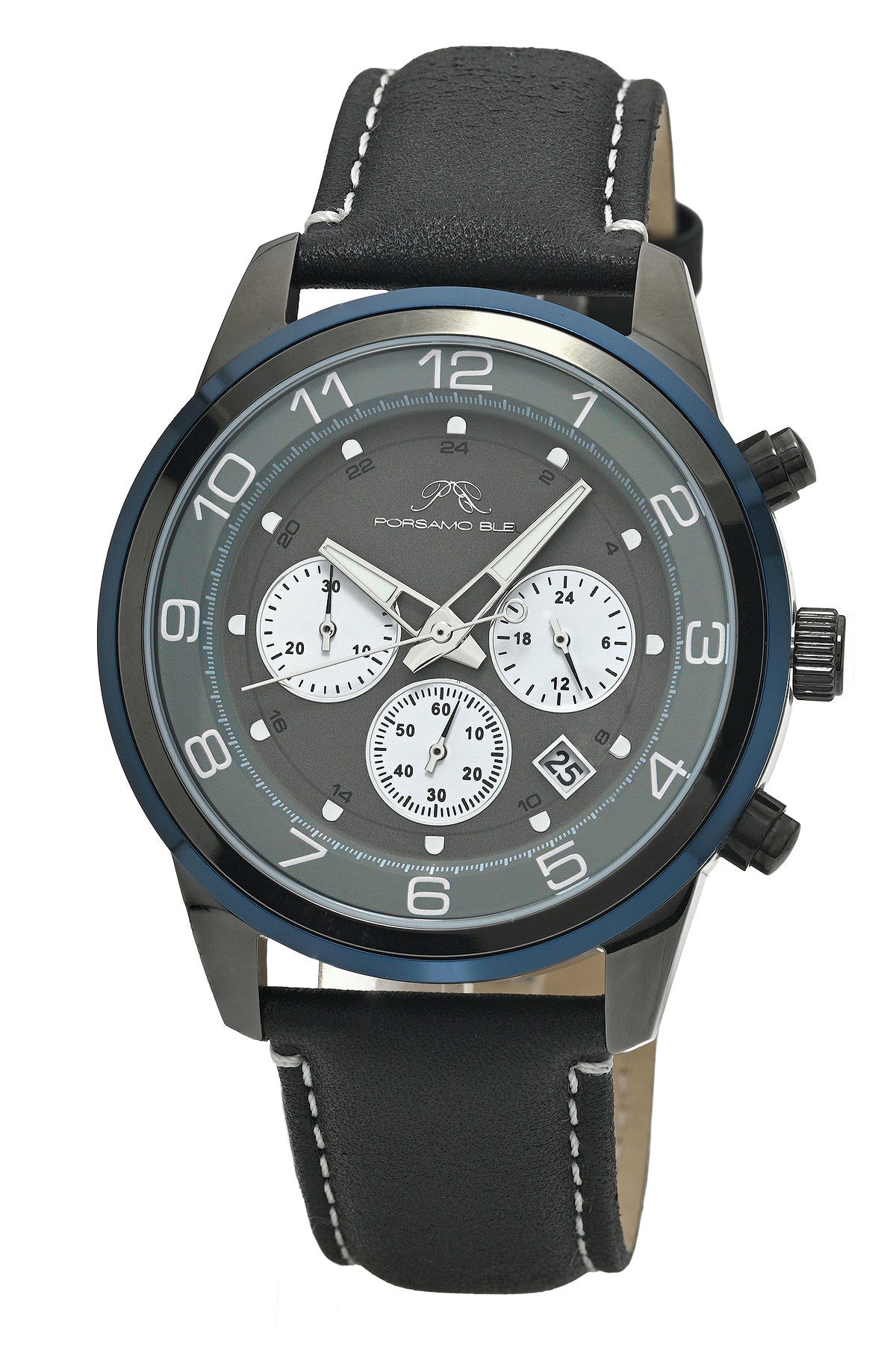Porsamo Bleu Arthur Luxury Chronograph Men's Genuine Leather Band Watch, Gunmetal, Black, Blue 1093BARL