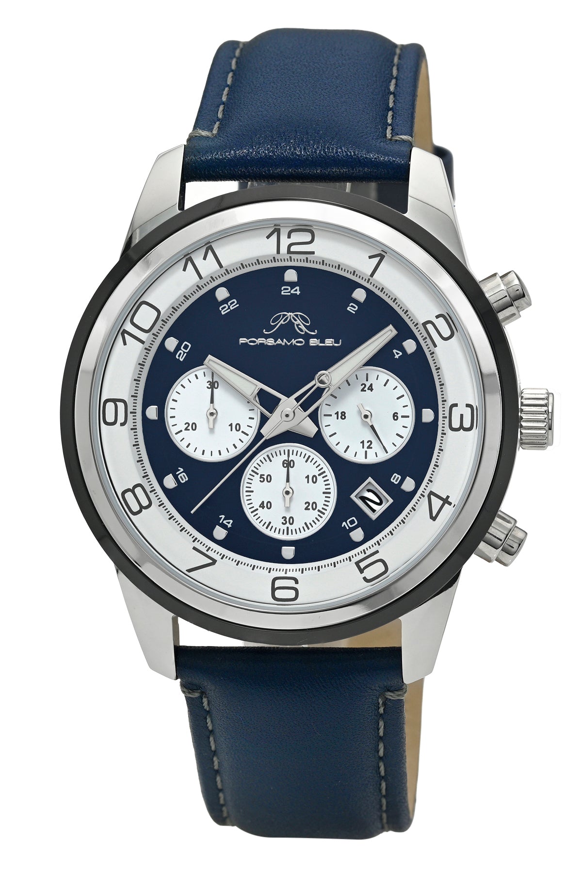 Porsamo Bleu Arthur Luxury Chronograph Men's Genuine Leather Band Watch, Silver, Blue 1093CARL