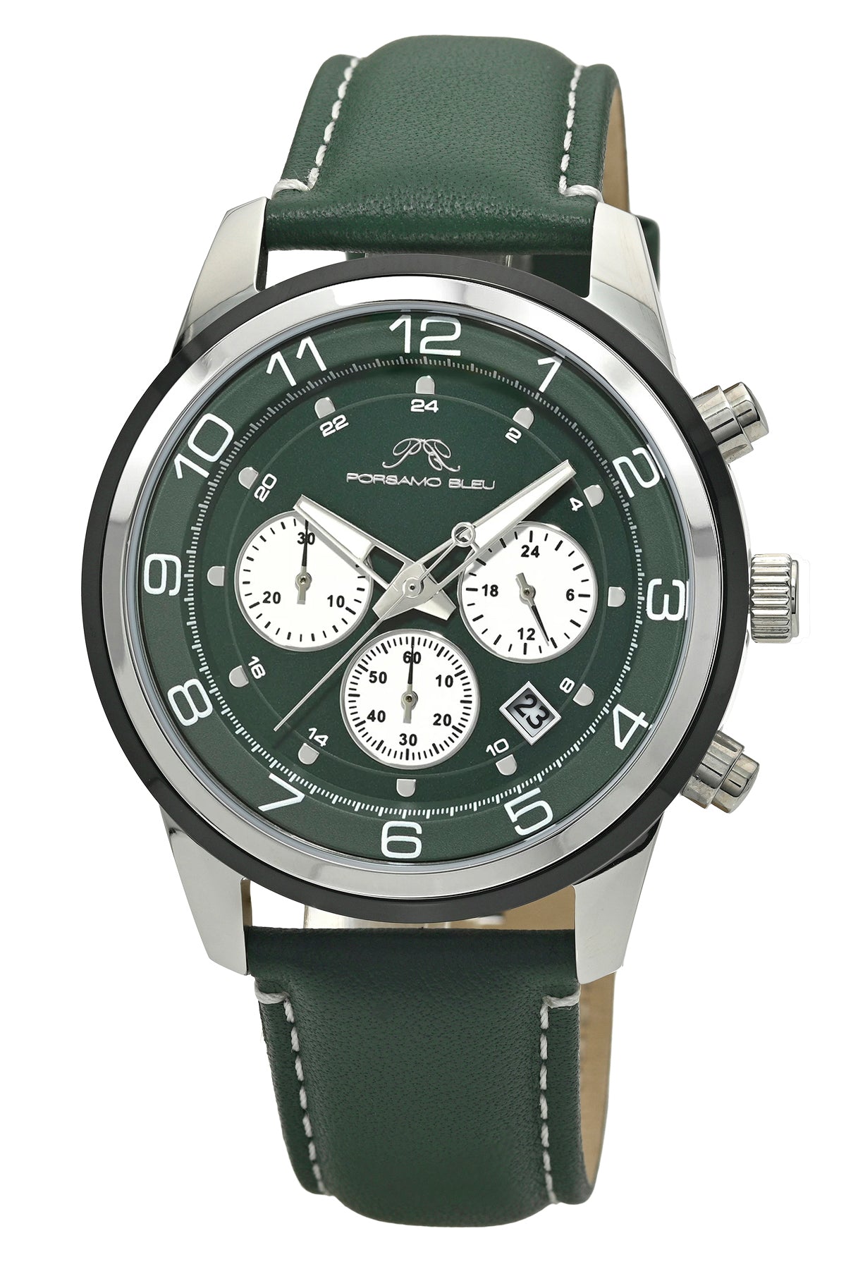 Porsamo Bleu Arthur Luxury Chronograph Men's Genuine Leather Band Watch, Silver, Green 1093DARL