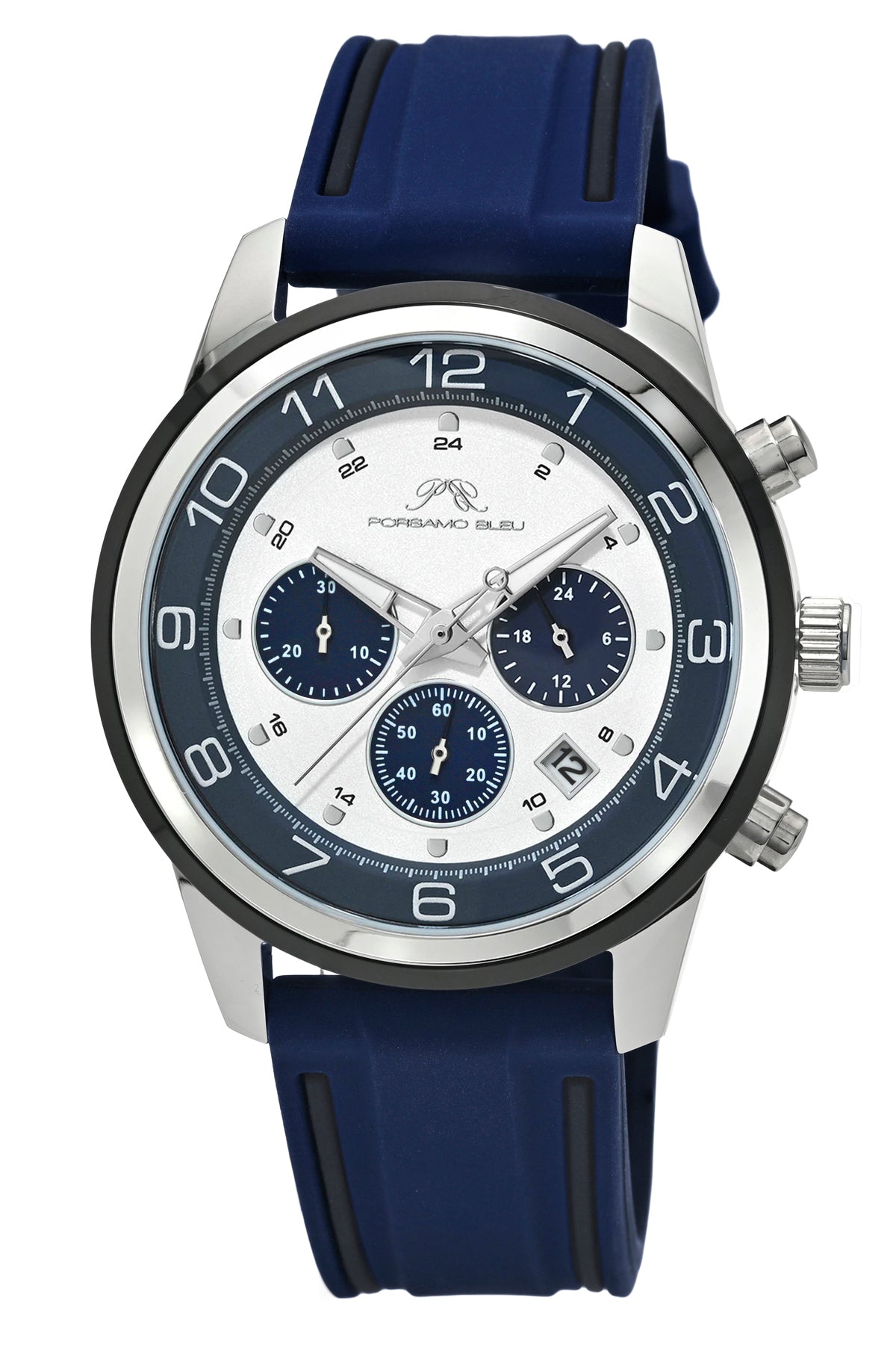 Porsamo Bleu Arthur Luxury Chronograph Men's Silicone Strap Watch, Silver, Blue 1094AARR