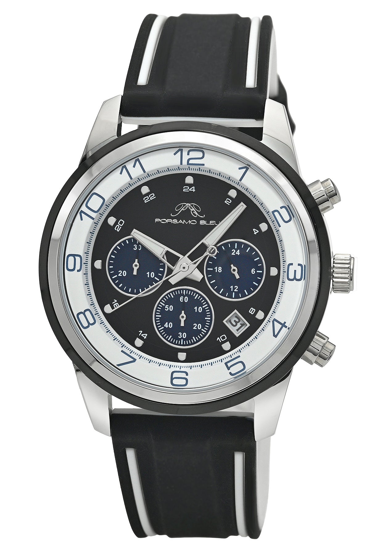 Porsamo Bleu Arthur Luxury Chronograph Men's Silicone Strap Watch, Silver, White, Black, Blue 1094BARR