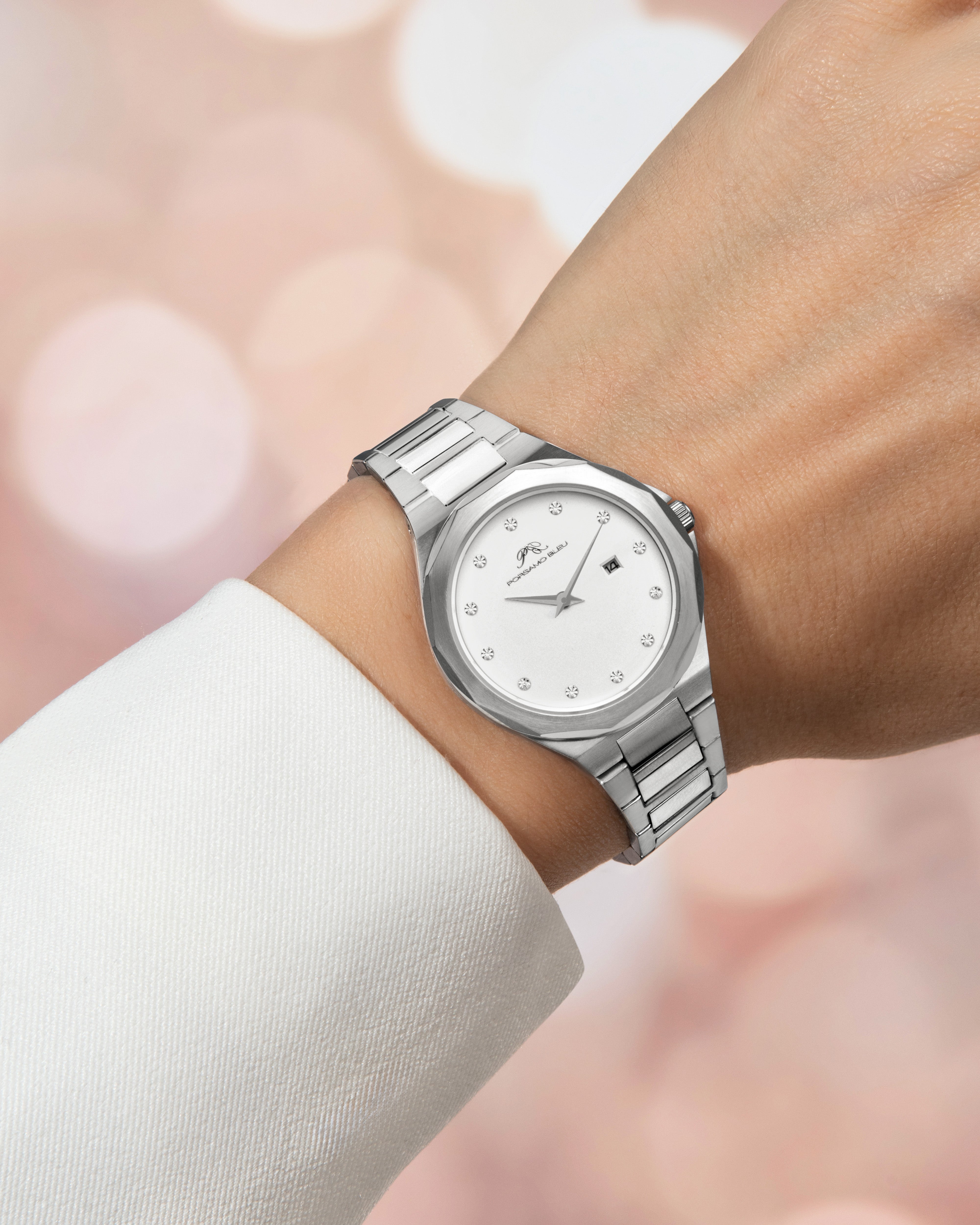 Victoria Stainless Steel Silver Tone and White Women's Crystal Watch 1242AVIS