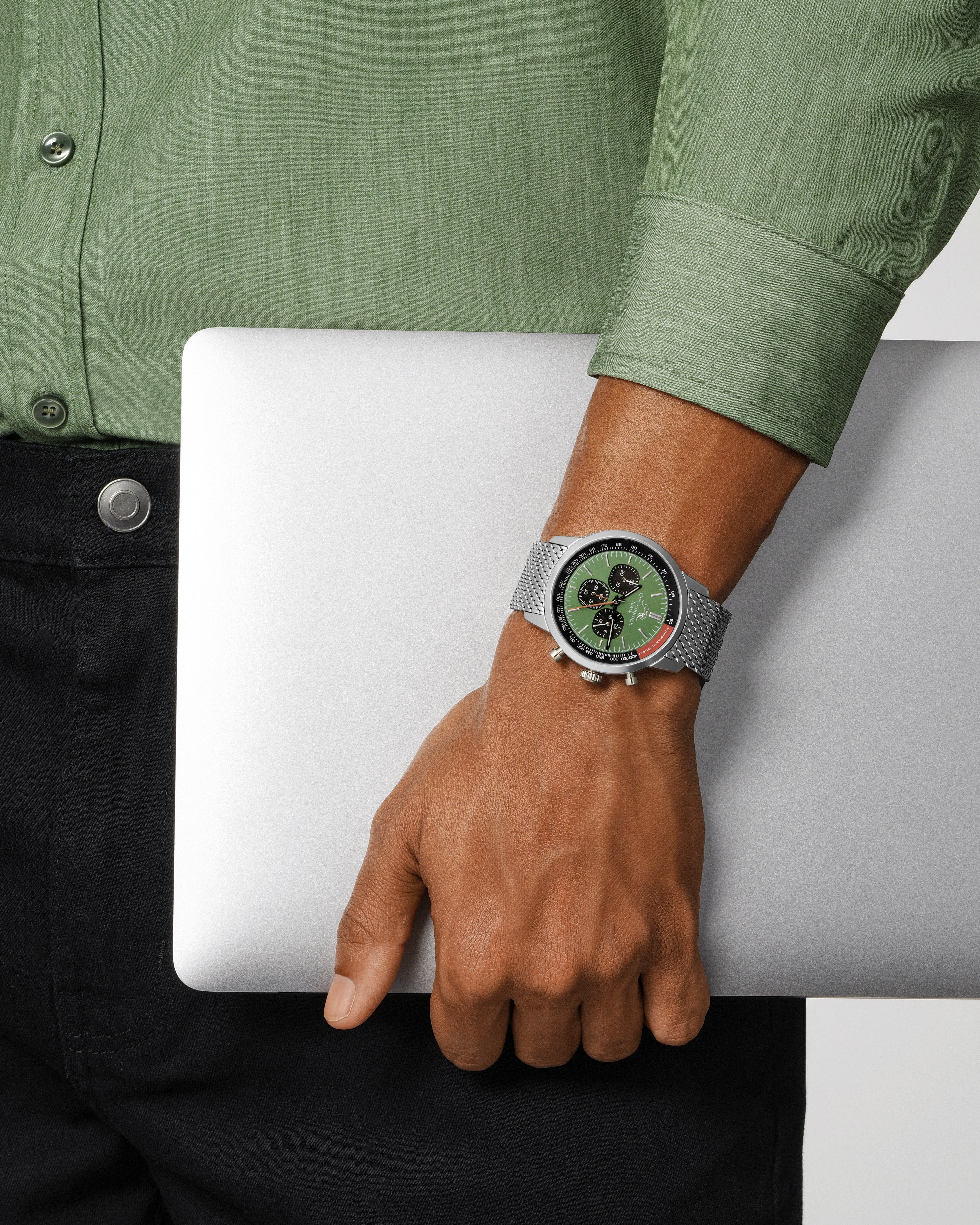 Simon Stainless Steel Silver Tone, Black and Green Men's Chronograph Watch 1322CSIS