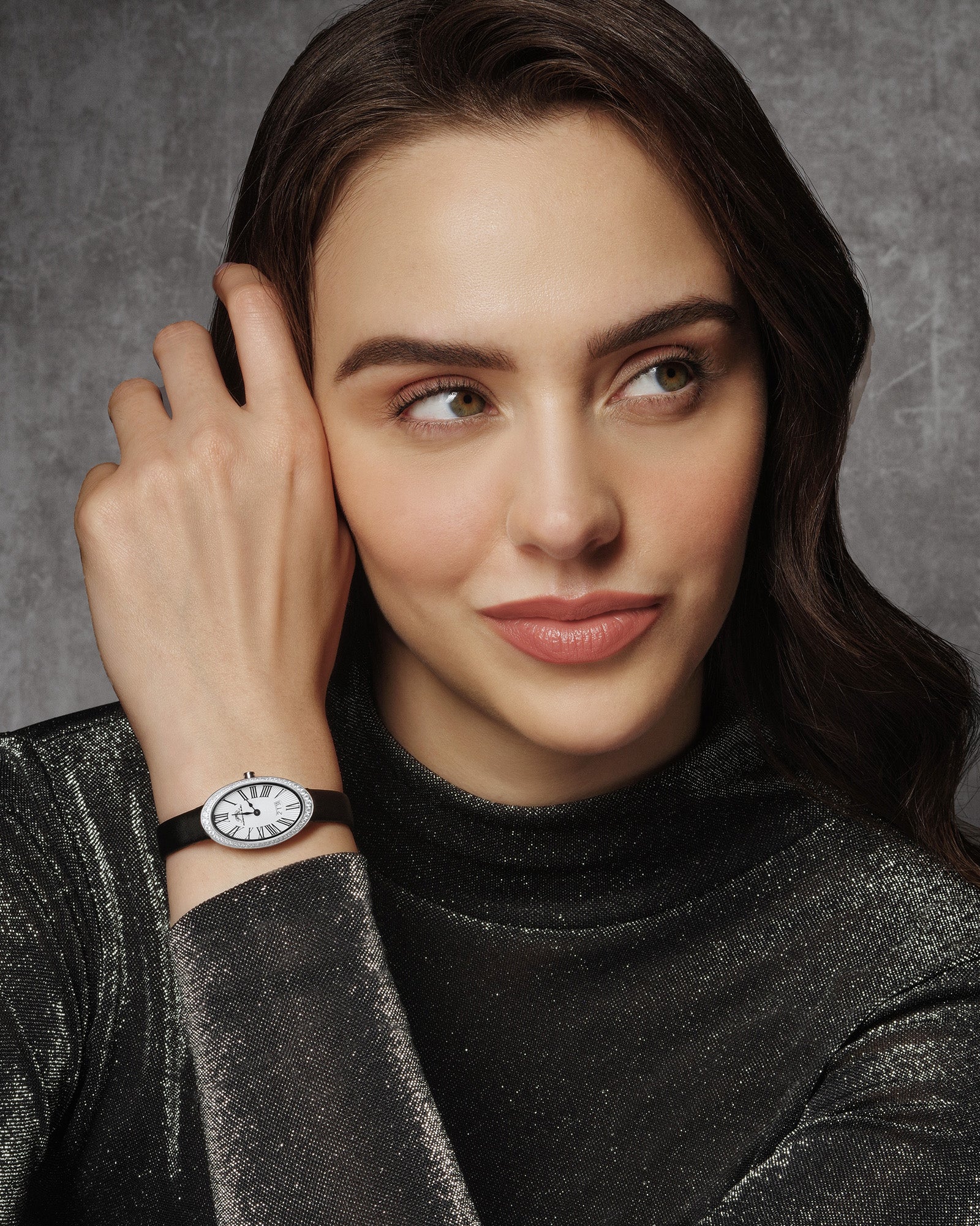 Porsamo Bleu Eloise Oval Topaz Satin Covered Genuine Leather Silver Tone and Black Women's Watch 1351AELL