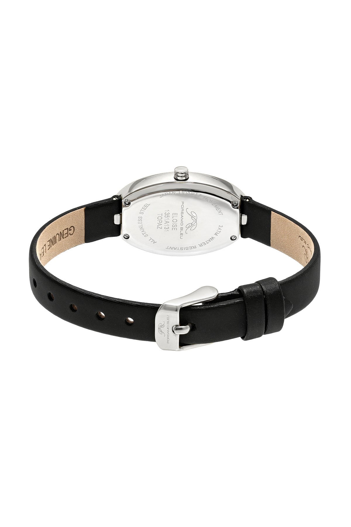 Eloise Oval Topaz Genuine Leather Silver Tone and Black Women's Watch 1351AELL