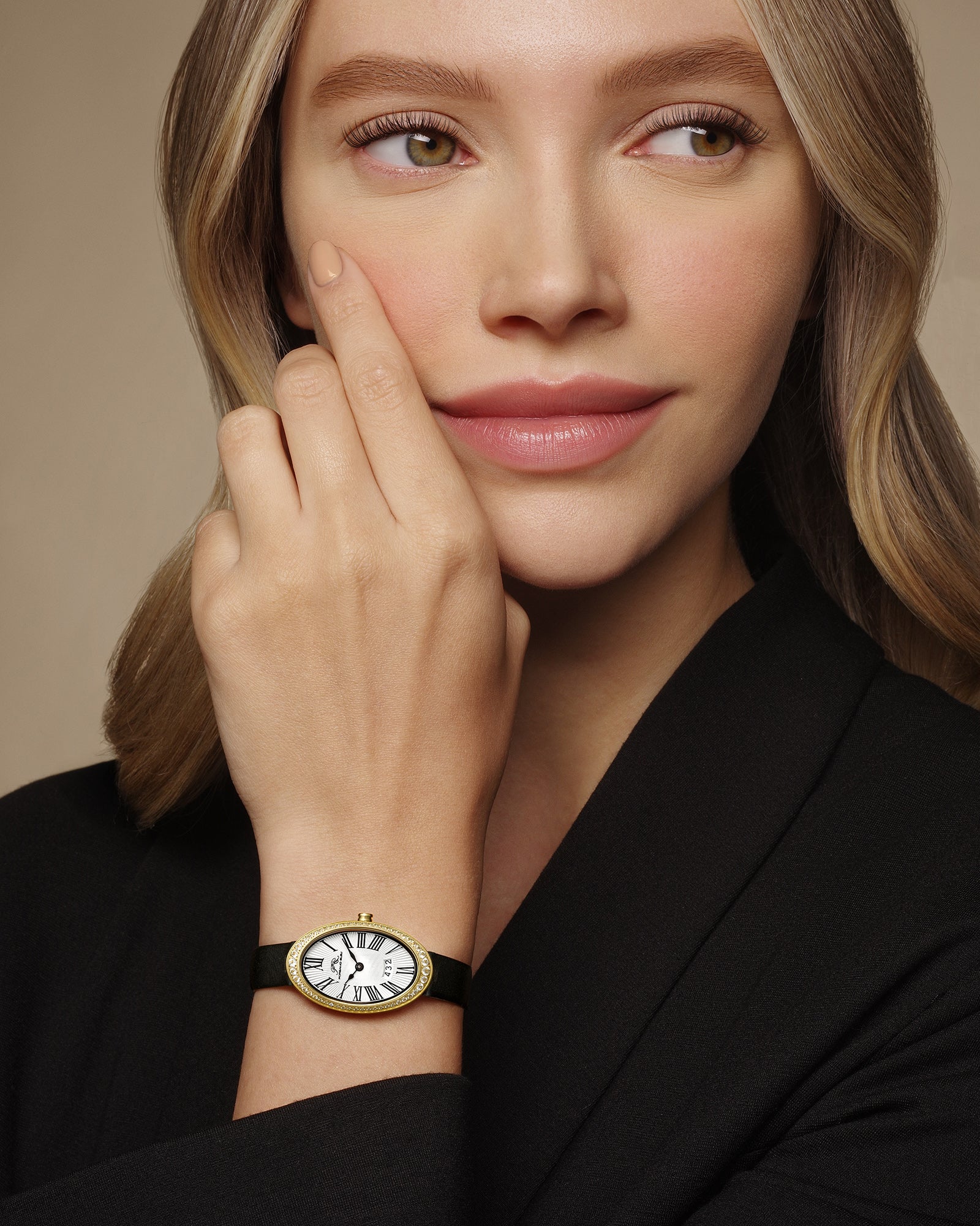 Eloise Oval Topaz Genuine Leather Gold Tone and Black Women's Watch 1351BELL