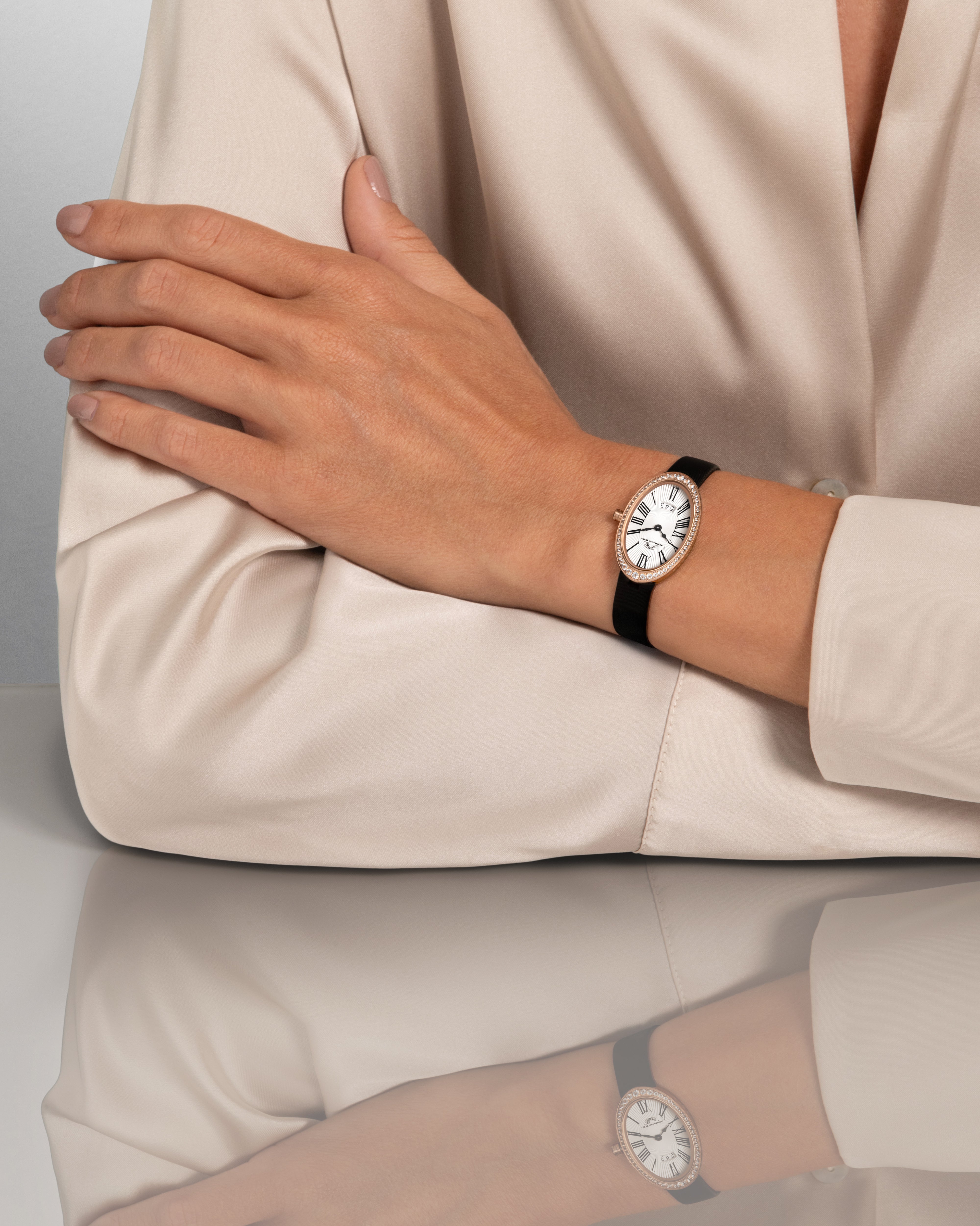 Eloise Oval Topaz Genuine Leather Rose Tone and Black Women's Watch 1351CELL