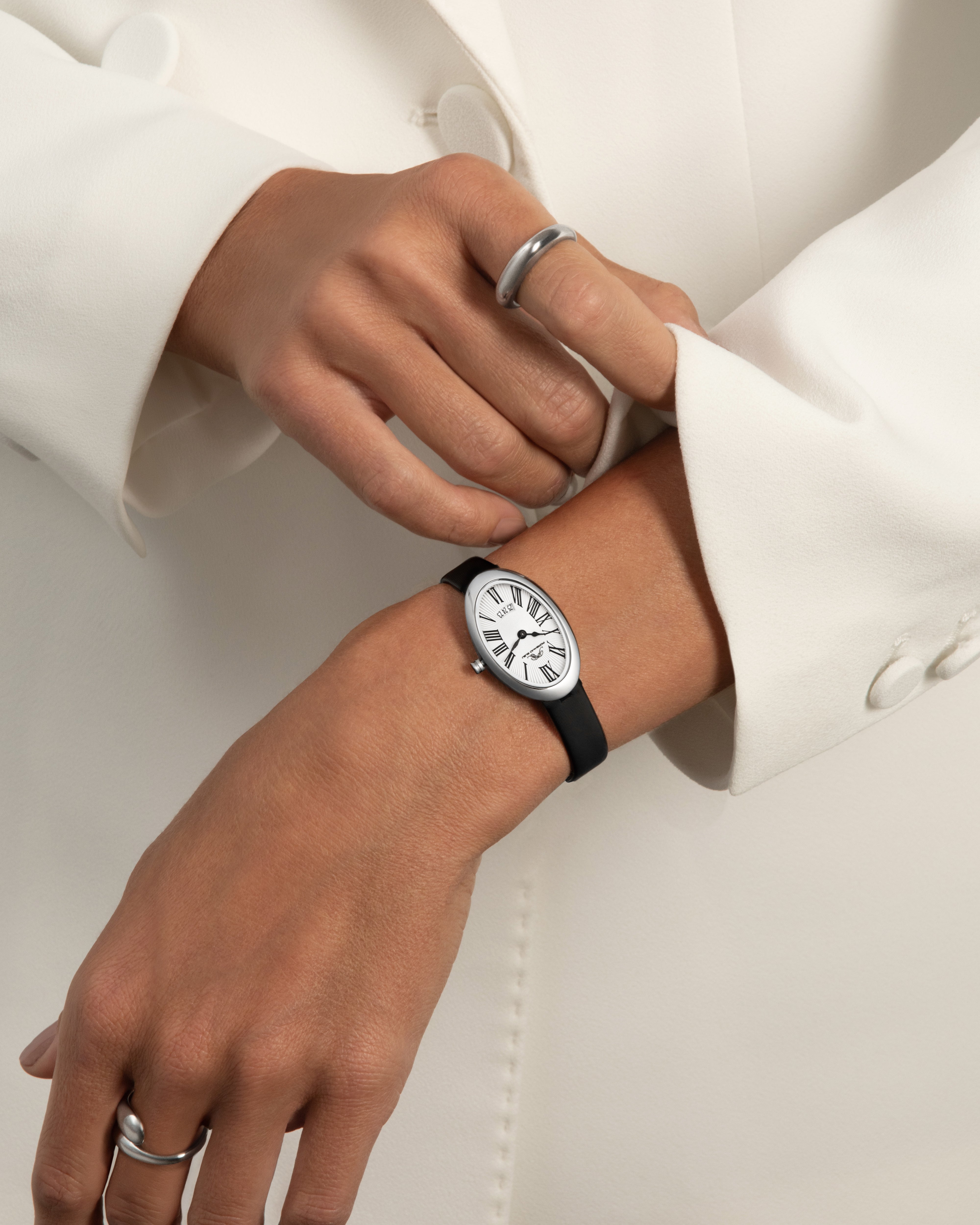 Eloise Oval Genuine Leather Silver Tone and Black Women's Watch 1353AELL