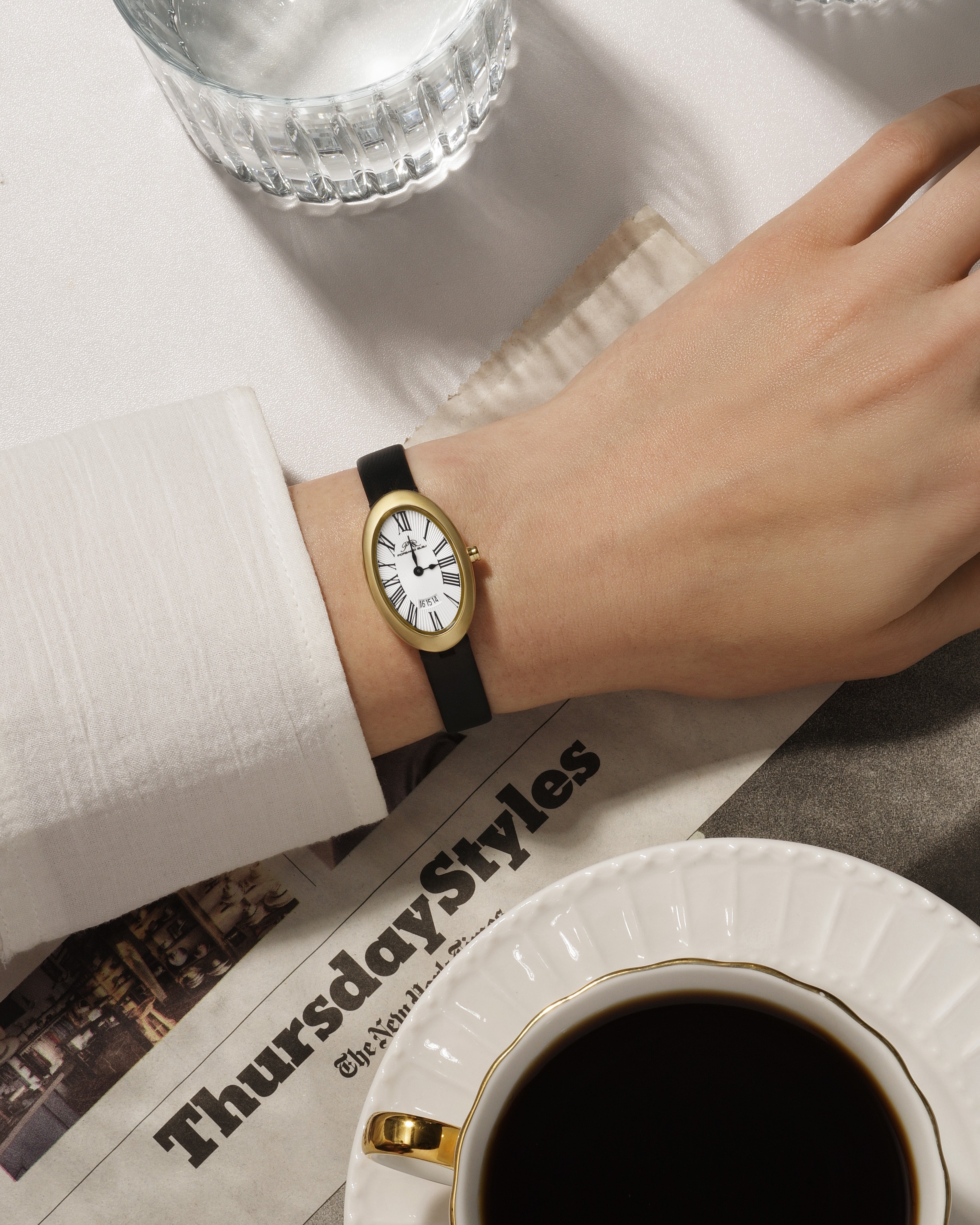 Porsamo Bleu Eloise Oval Satin Covered Genuine Leather Gold Tone and Black Women's Watch 1353BELL