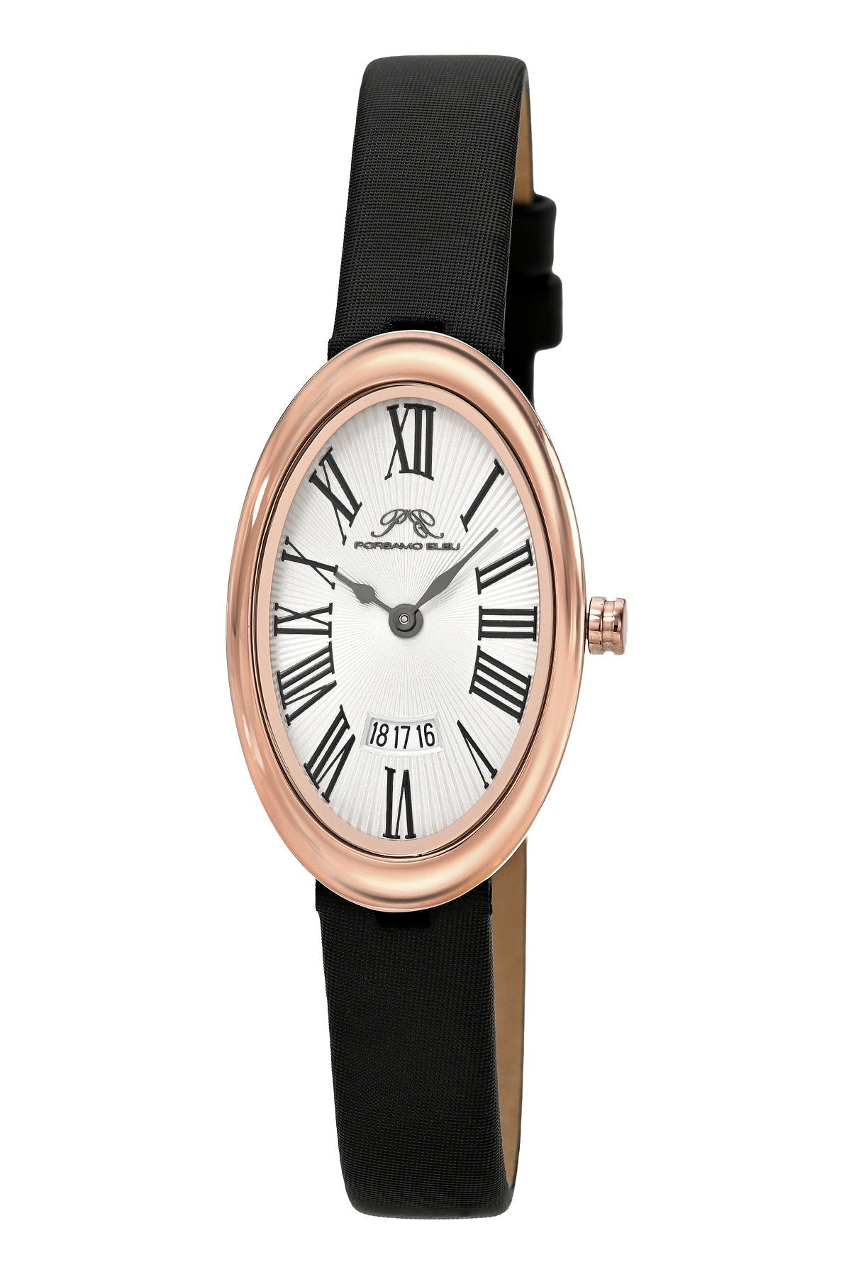 Porsamo Bleu Eloise Oval Satin Covered Genuine Leather Silver Tone and Black Women's Watch 1353AELL
