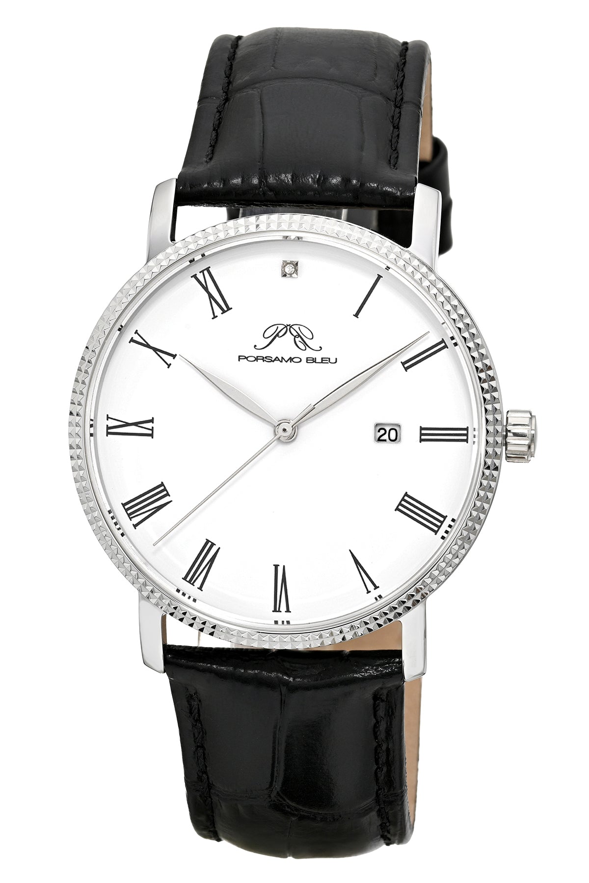 Veritas 1 Genuine Leather Diamond Silver Tone and Black Men's Watch 1361AVEL